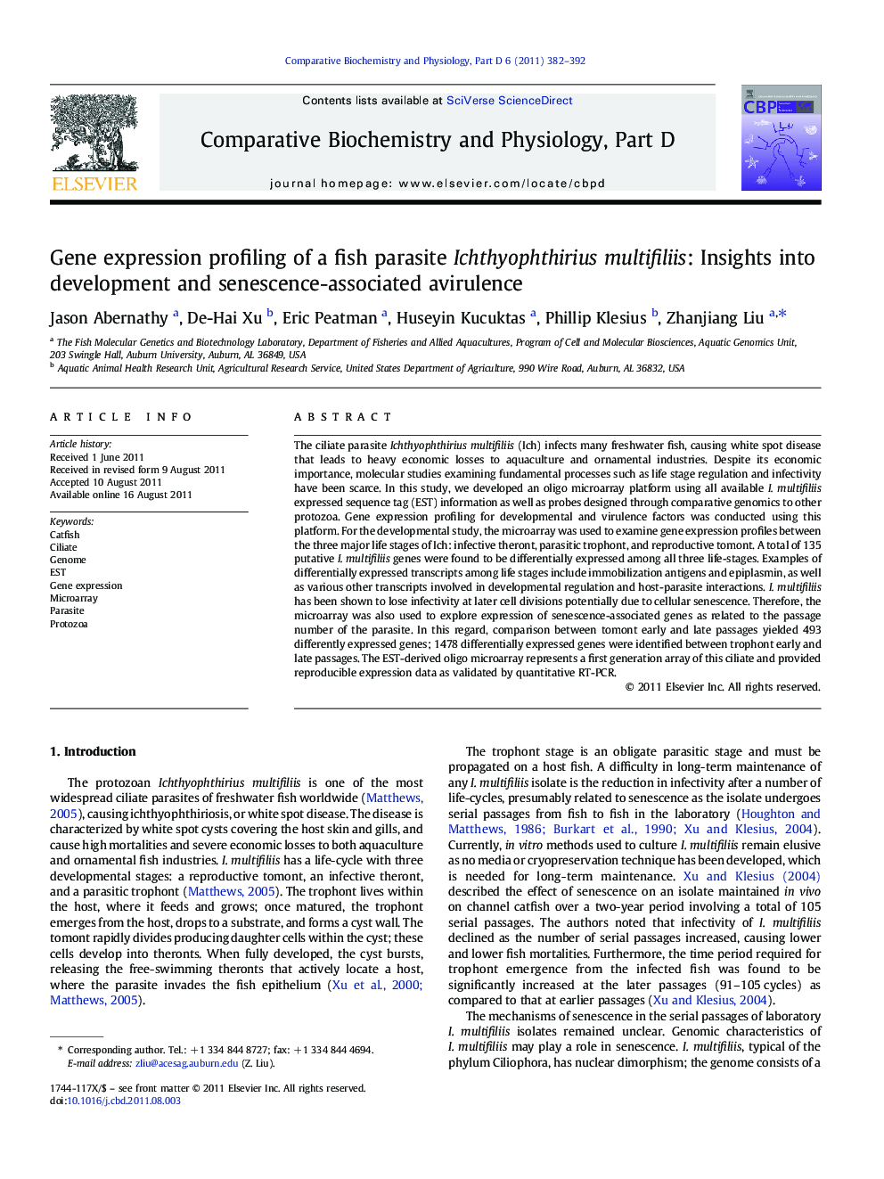Gene expression profiling of a fish parasite Ichthyophthirius multifiliis: Insights into development and senescence-associated avirulence