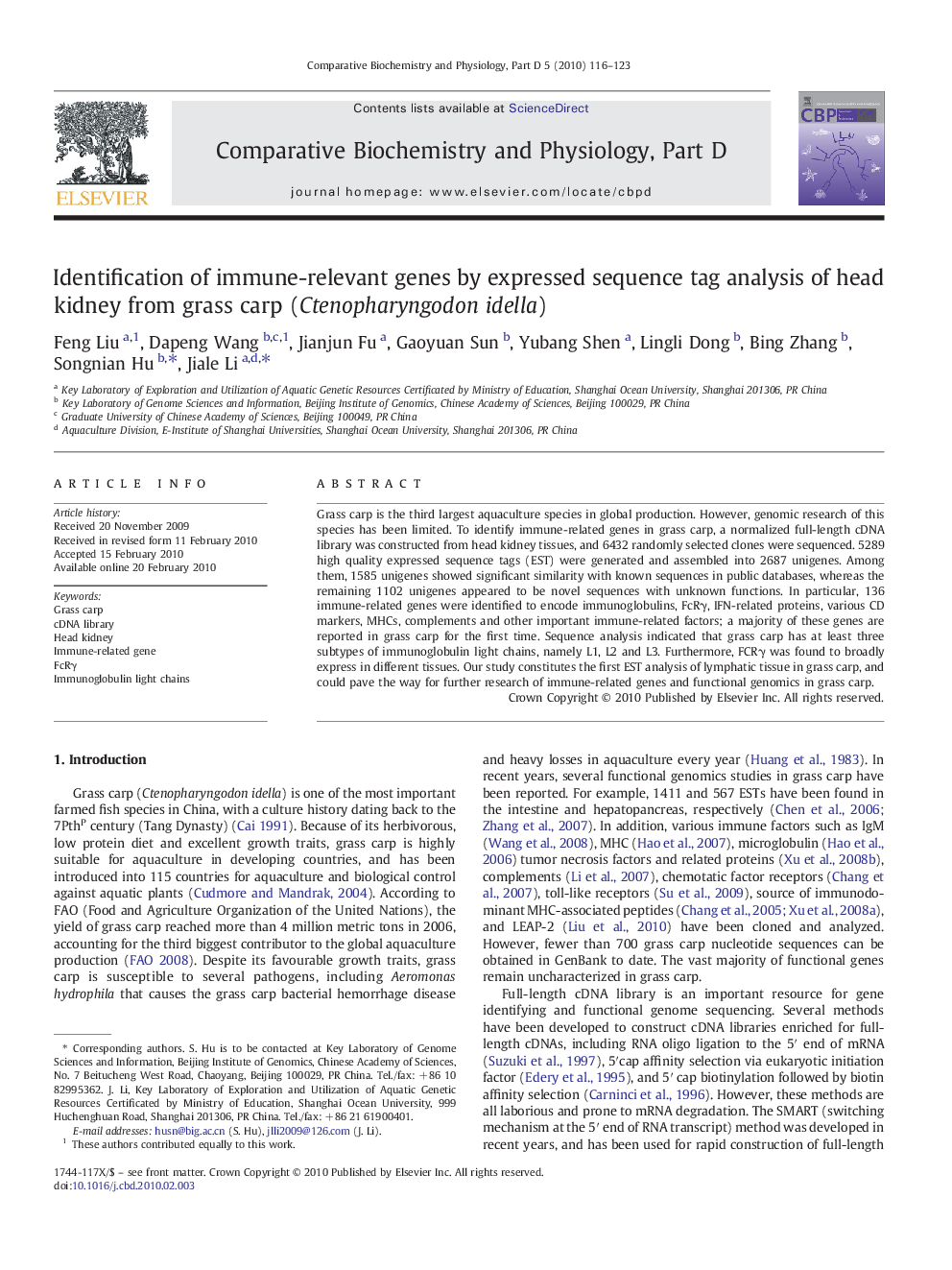 Identification of immune-relevant genes by expressed sequence tag analysis of head kidney from grass carp (Ctenopharyngodon idella)