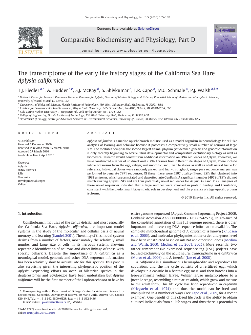 The transcriptome of the early life history stages of the California Sea Hare Aplysia californica