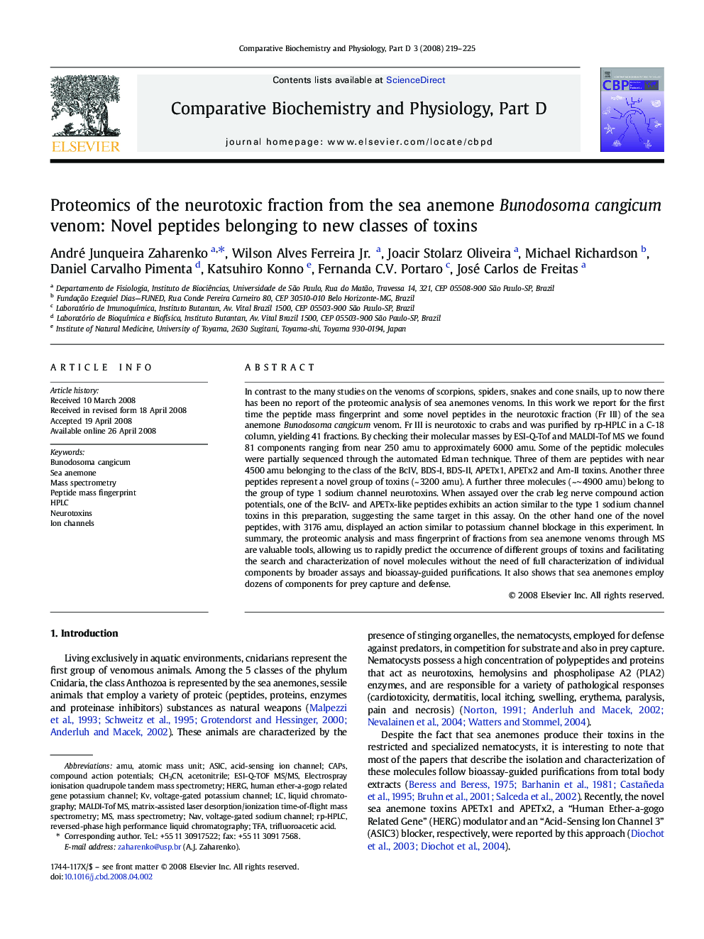 Proteomics of the neurotoxic fraction from the sea anemone Bunodosoma cangicum venom: Novel peptides belonging to new classes of toxins