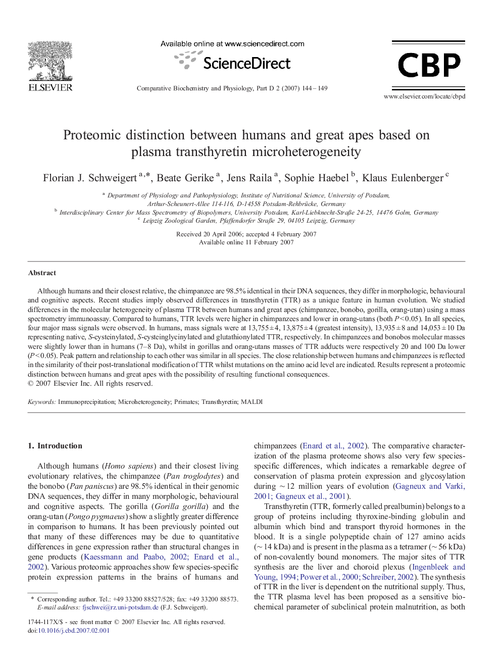 Proteomic distinction between humans and great apes based on plasma transthyretin microheterogeneity