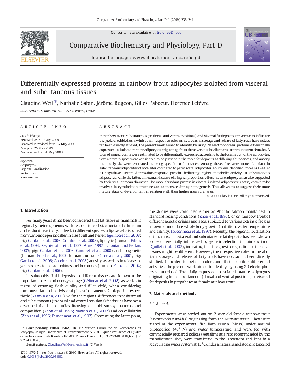 Differentially expressed proteins in rainbow trout adipocytes isolated from visceral and subcutaneous tissues