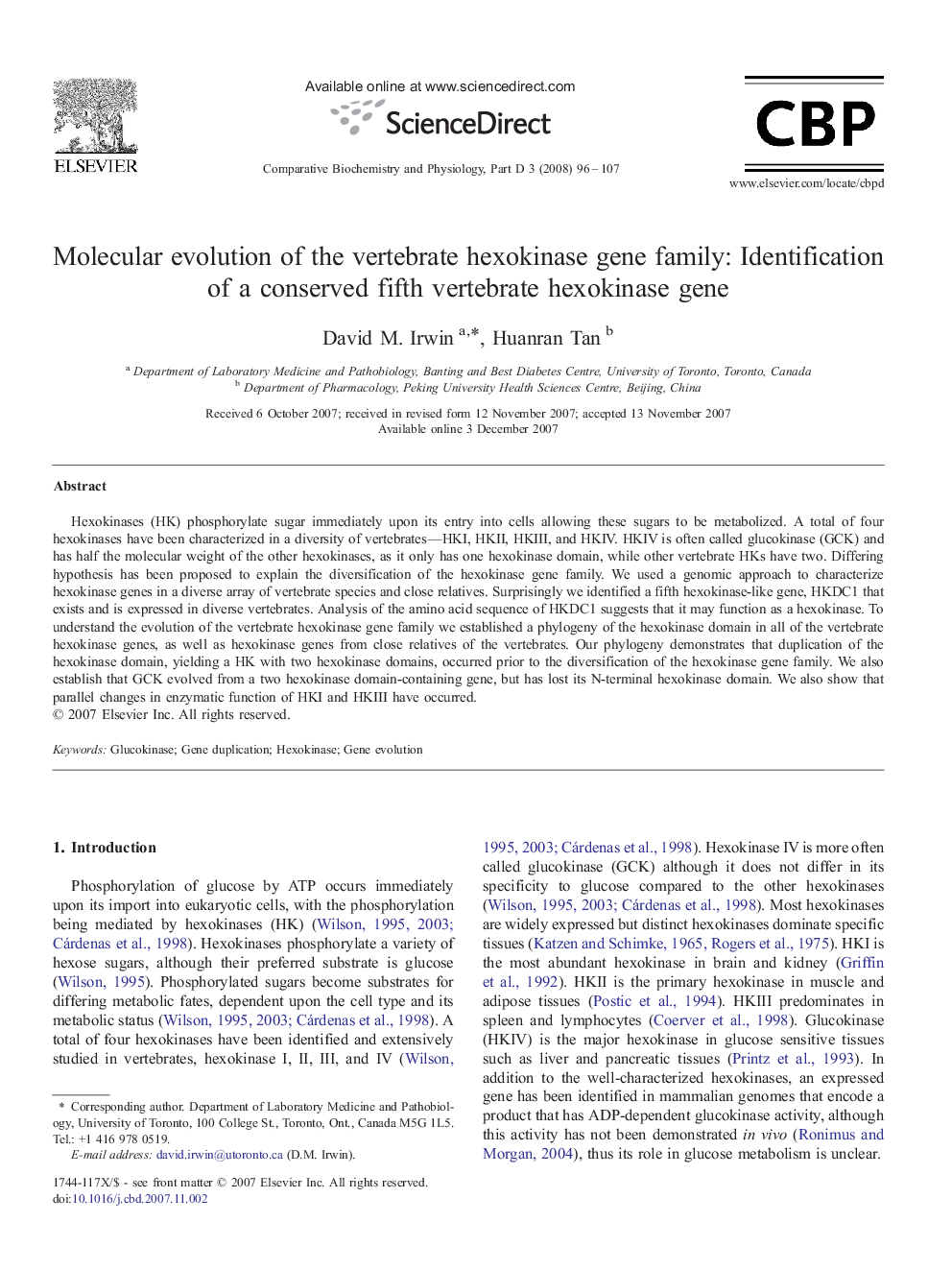 Molecular evolution of the vertebrate hexokinase gene family: Identification of a conserved fifth vertebrate hexokinase gene