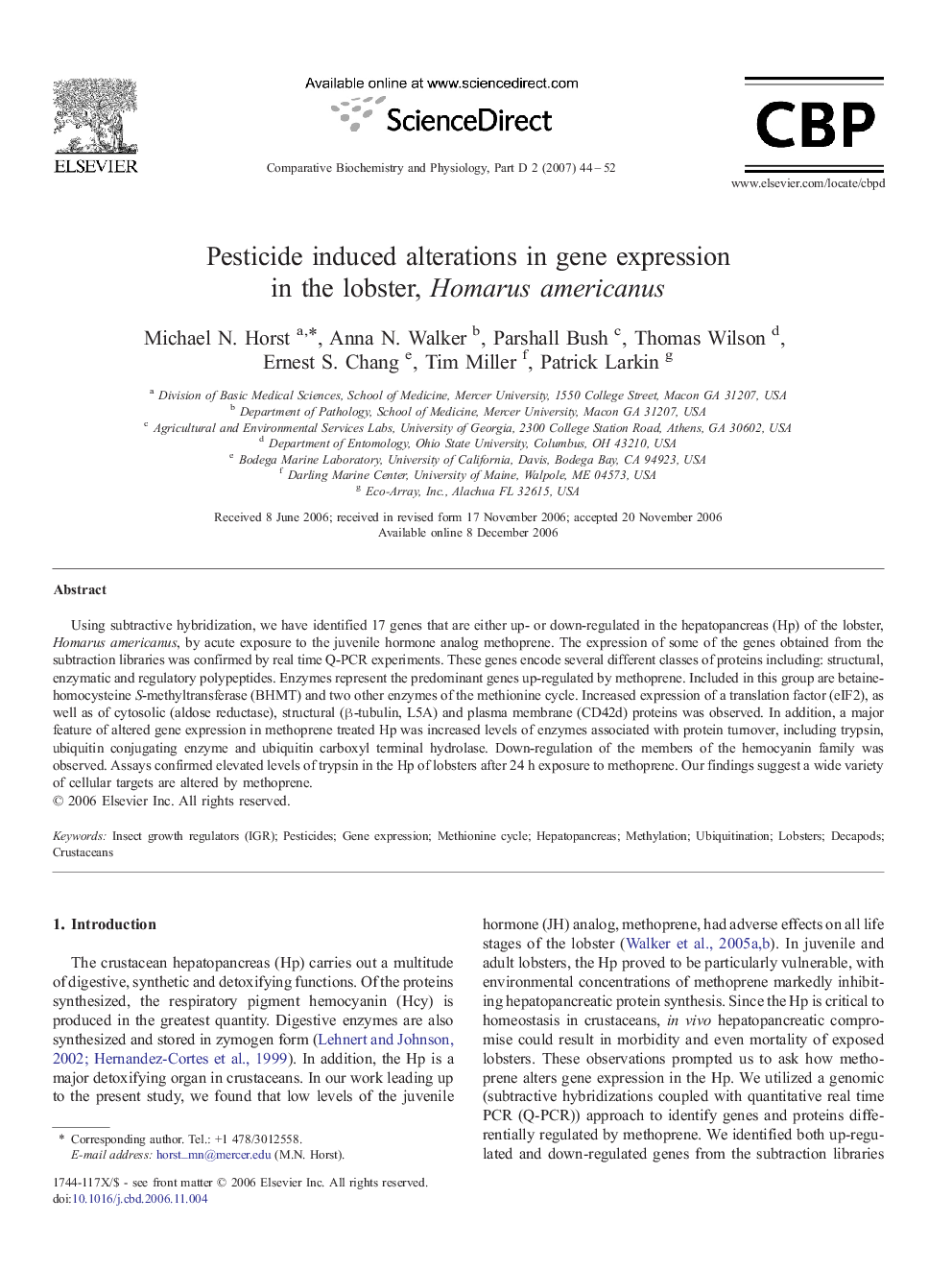 Pesticide induced alterations in gene expression in the lobster, Homarus americanus