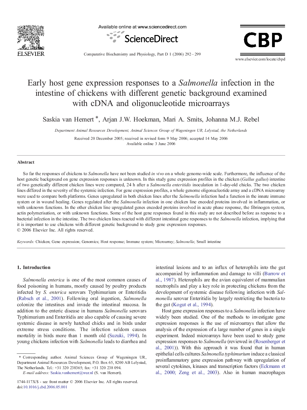 Early host gene expression responses to a Salmonella infection in the intestine of chickens with different genetic background examined with cDNA and oligonucleotide microarrays