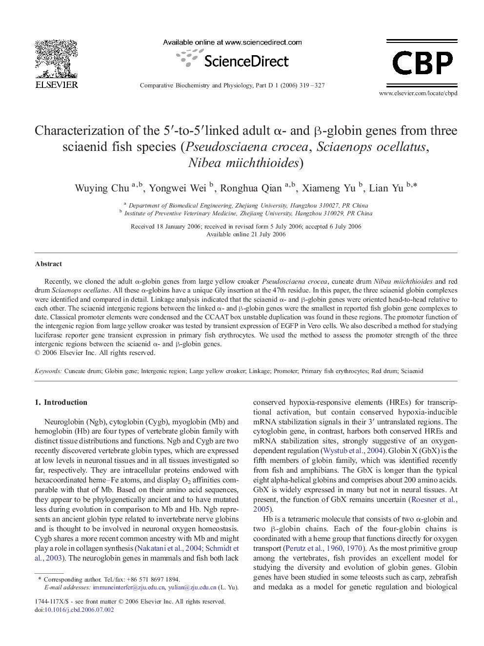 Characterization of the 5′-to-5′linked adult α- and β-globin genes from three sciaenid fish species (Pseudosciaena crocea, Sciaenops ocellatus, Nibea miichthioides)