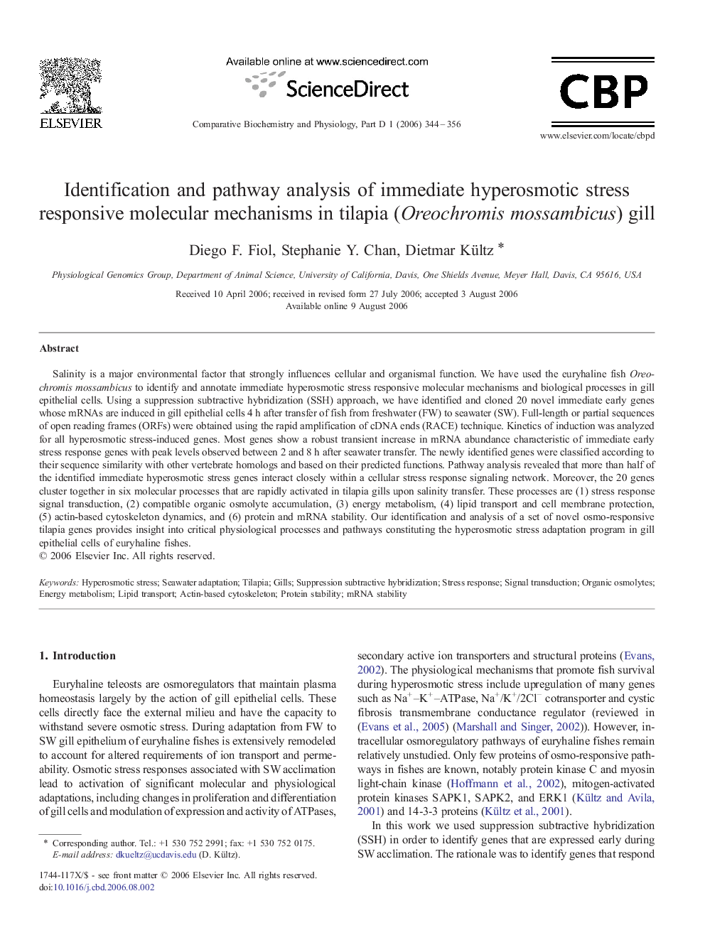 Identification and pathway analysis of immediate hyperosmotic stress responsive molecular mechanisms in tilapia (Oreochromis mossambicus) gill