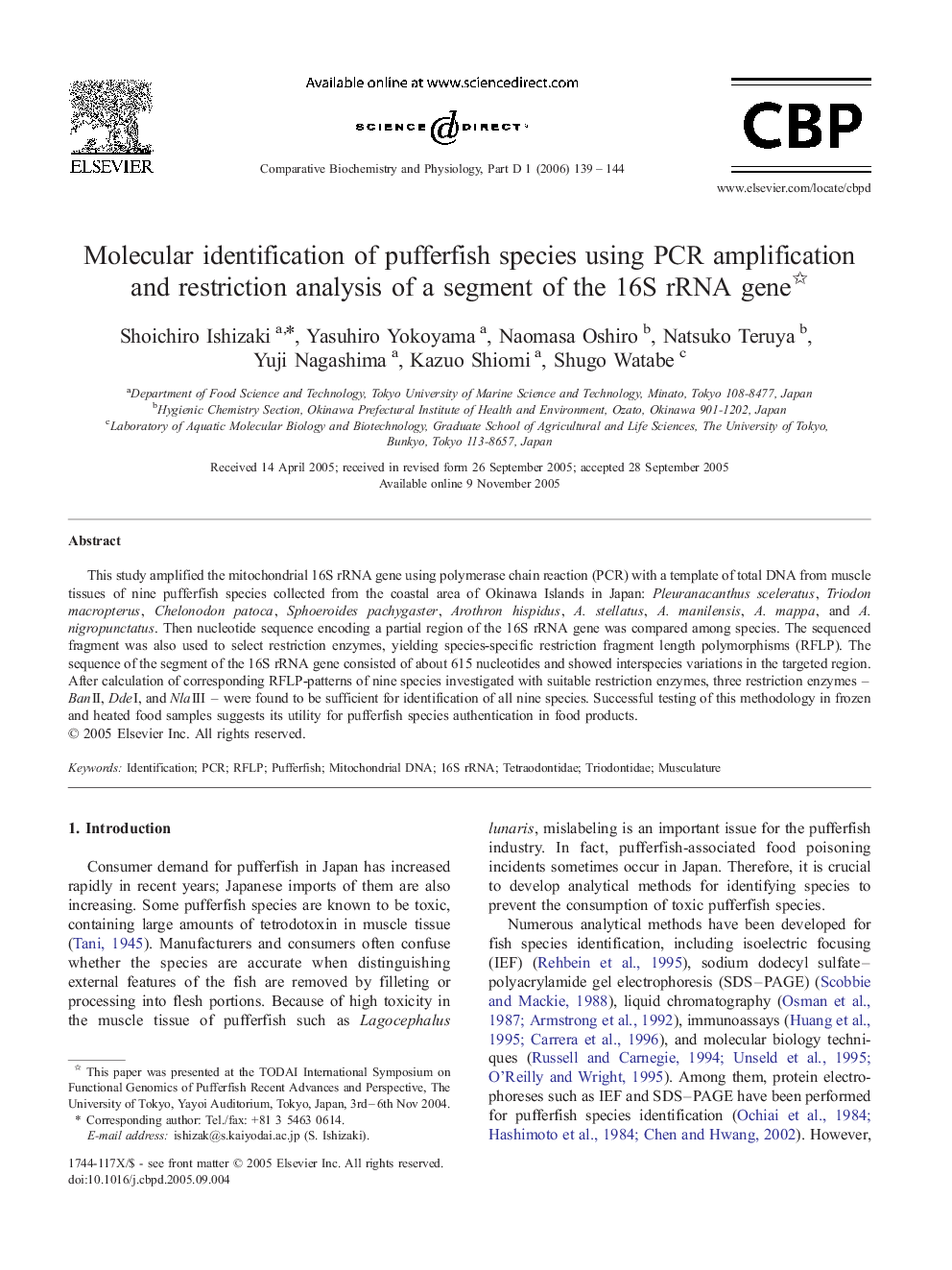 Molecular identification of pufferfish species using PCR amplification and restriction analysis of a segment of the 16S rRNA gene 