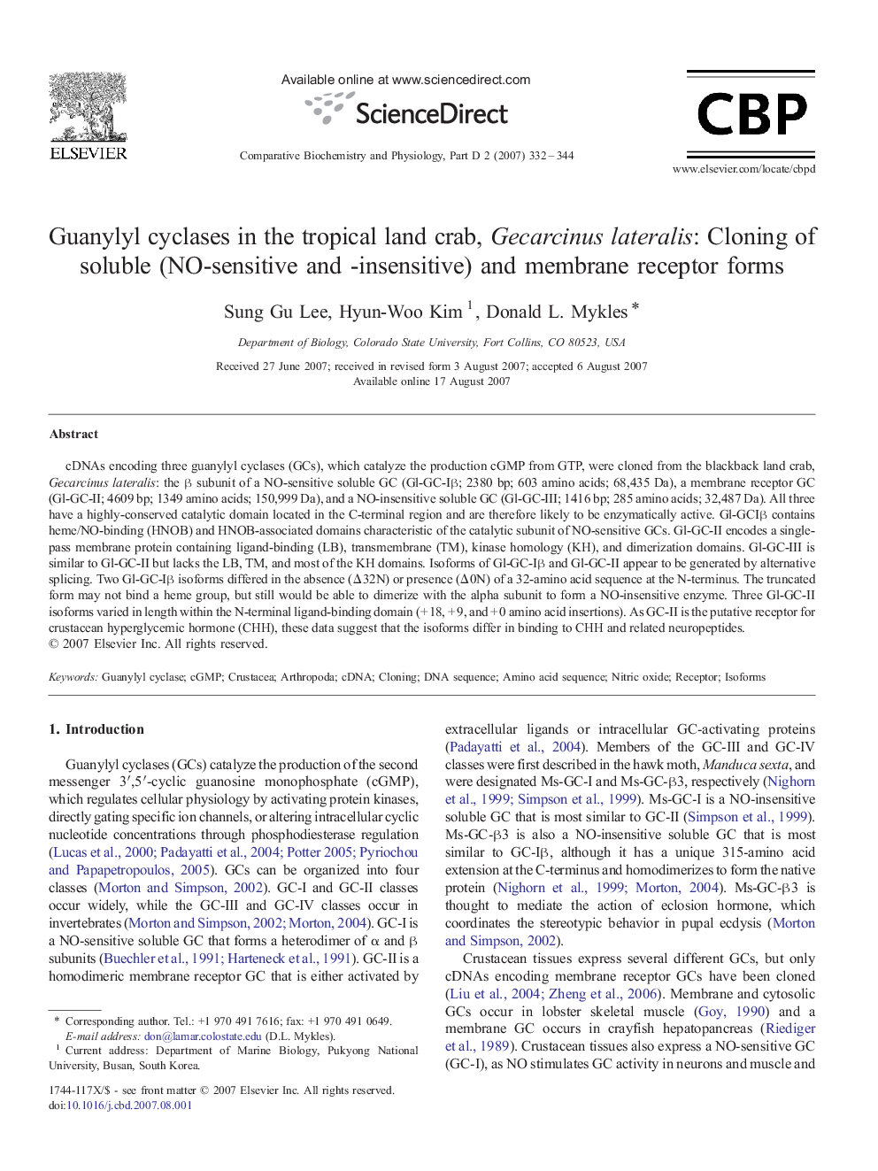 Guanylyl cyclases in the tropical land crab, Gecarcinus lateralis: Cloning of soluble (NO-sensitive and -insensitive) and membrane receptor forms