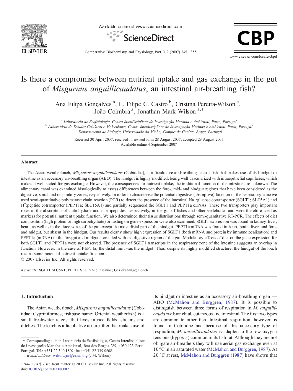 Is there a compromise between nutrient uptake and gas exchange in the gut of Misgurnus anguillicaudatus, an intestinal air-breathing fish?