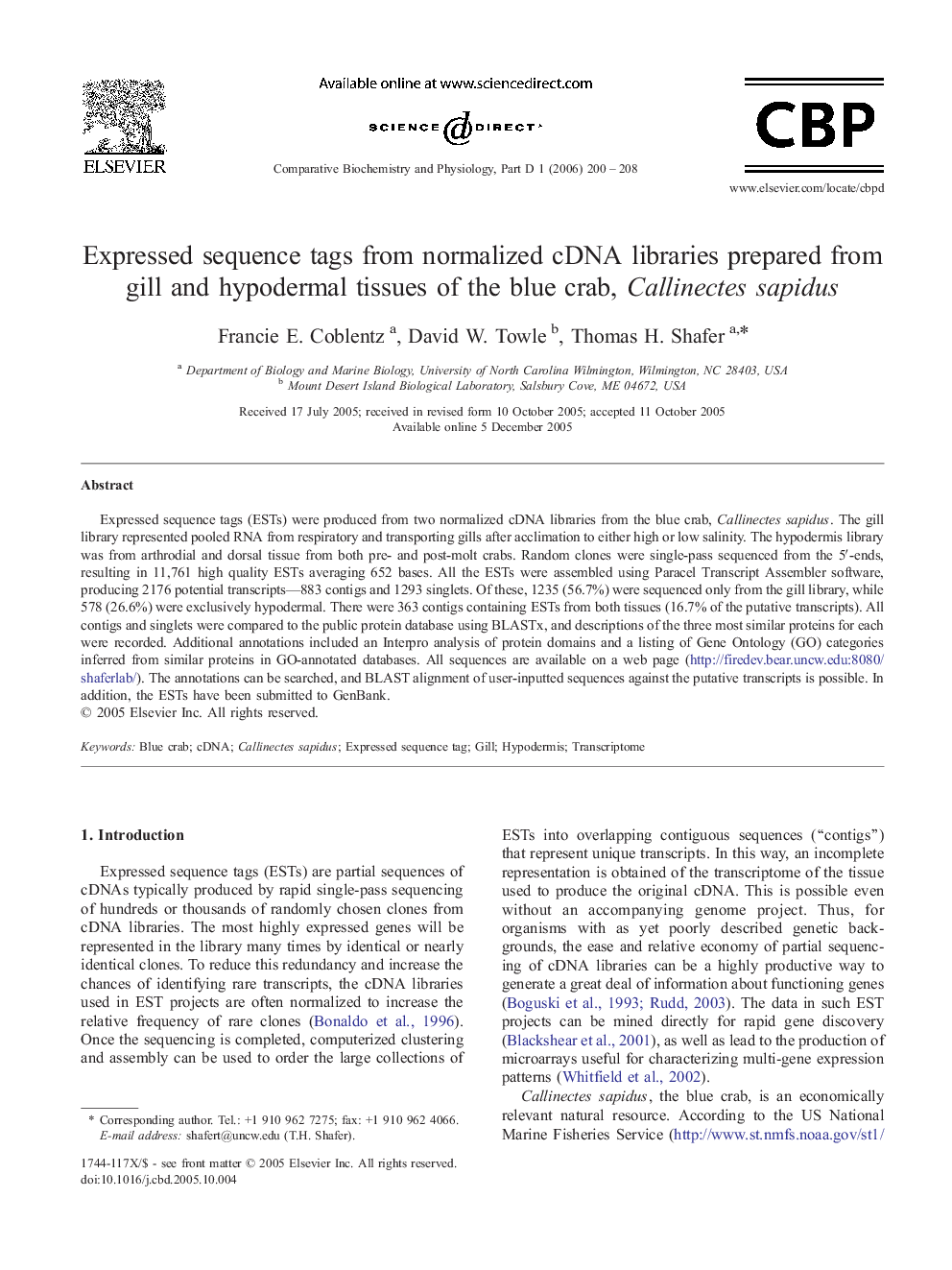 Expressed sequence tags from normalized cDNA libraries prepared from gill and hypodermal tissues of the blue crab, Callinectes sapidus