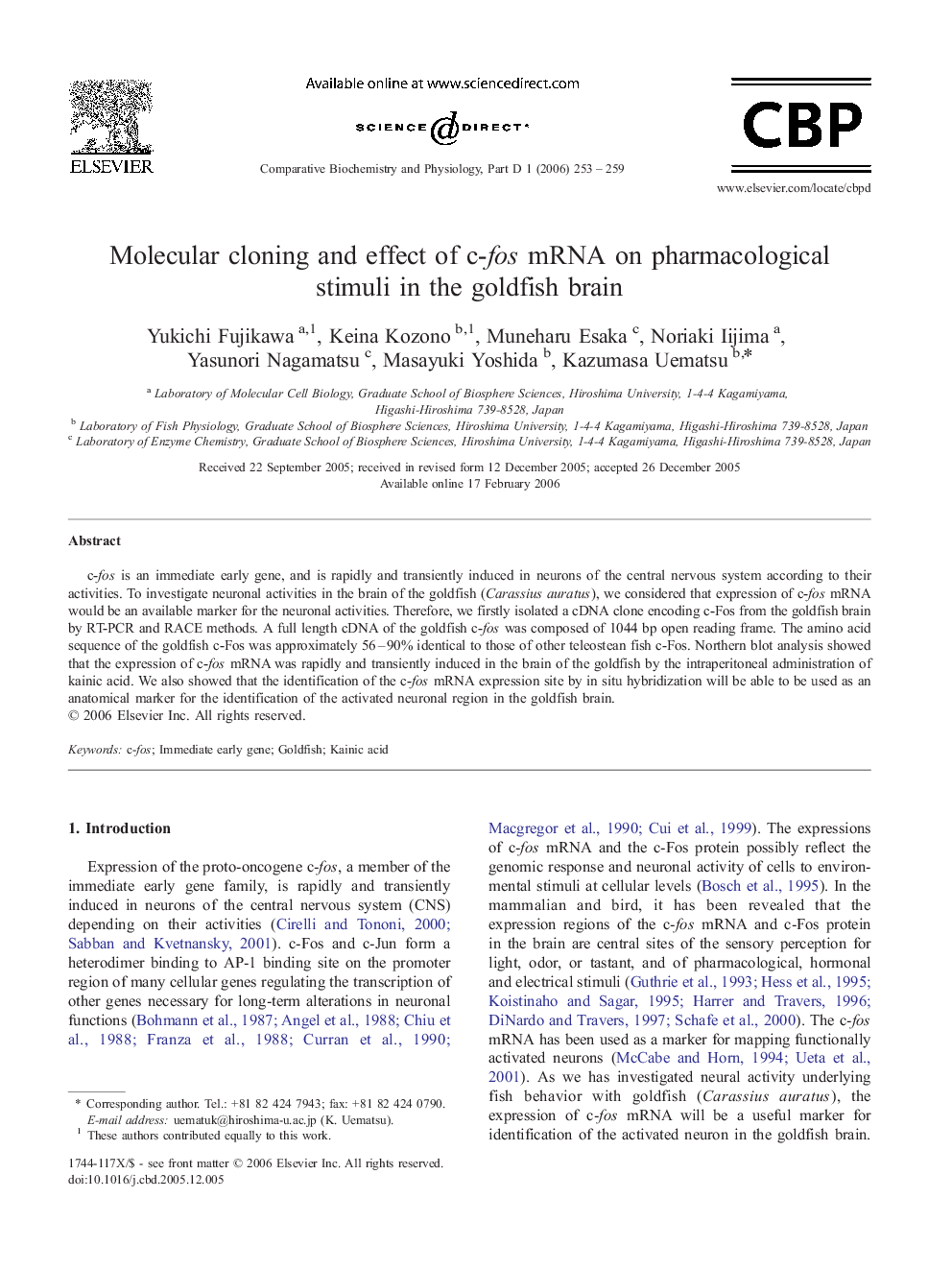 Molecular cloning and effect of c-fos mRNA on pharmacological stimuli in the goldfish brain