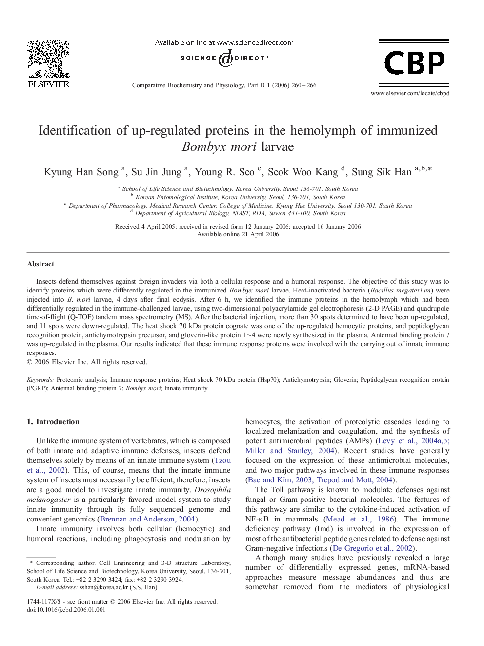 Identification of up-regulated proteins in the hemolymph of immunized Bombyx mori larvae