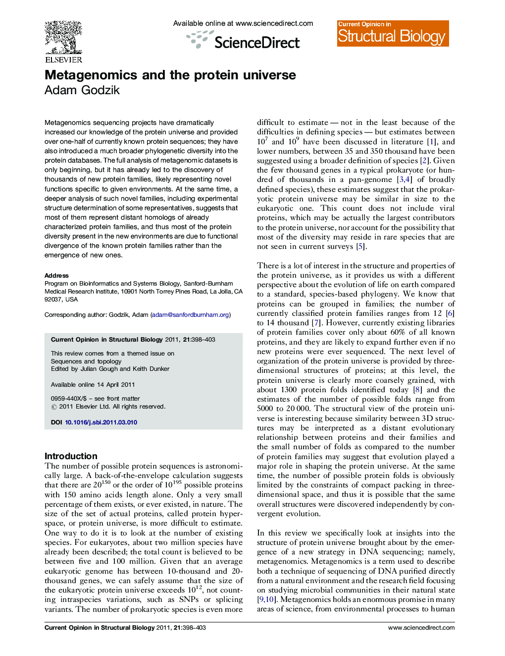 Metagenomics and the protein universe