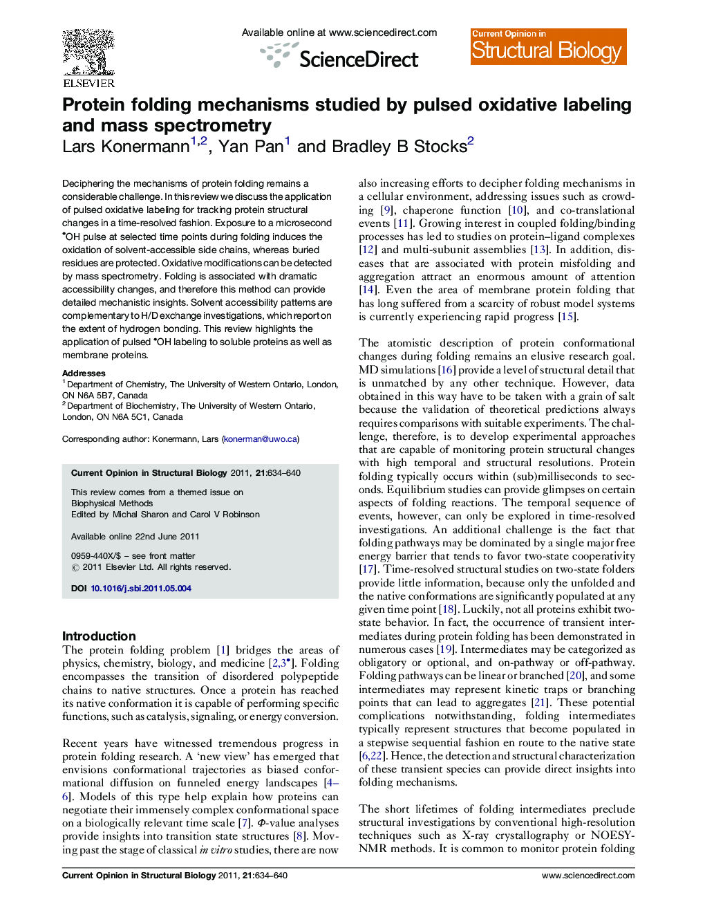 Protein folding mechanisms studied by pulsed oxidative labeling and mass spectrometry