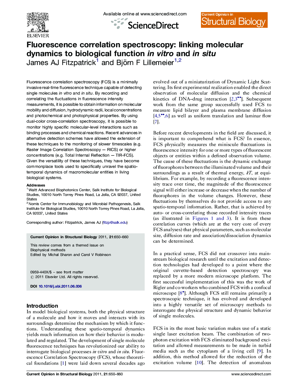 Fluorescence correlation spectroscopy: linking molecular dynamics to biological function in vitro and in situ