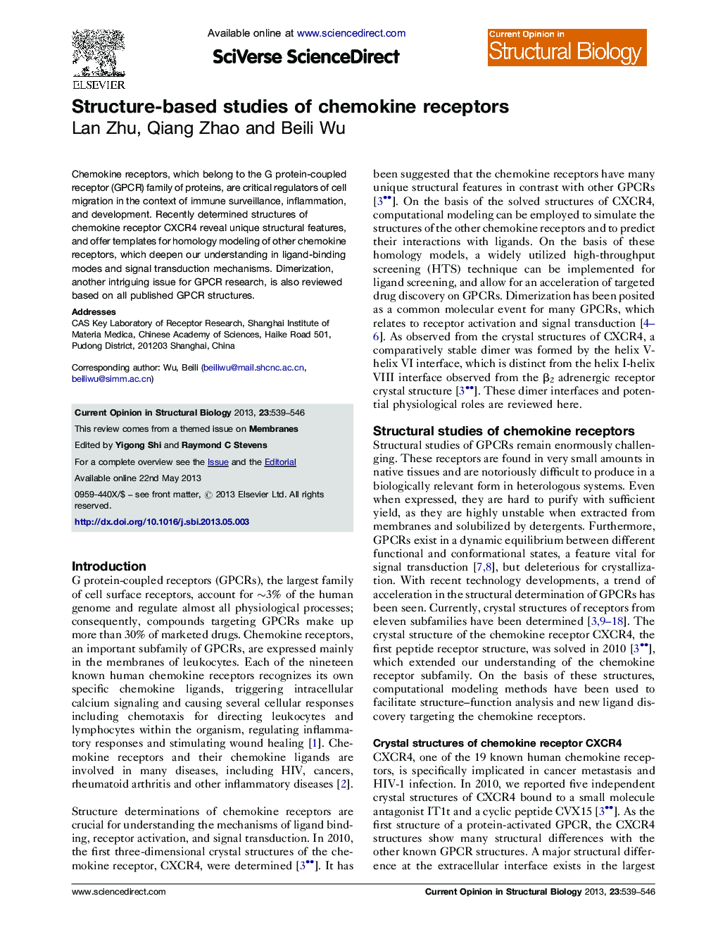 Structure-based studies of chemokine receptors