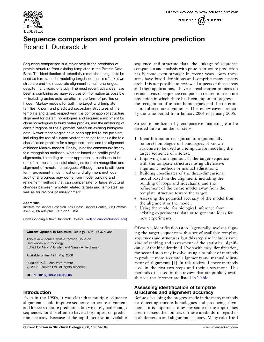 Sequence comparison and protein structure prediction