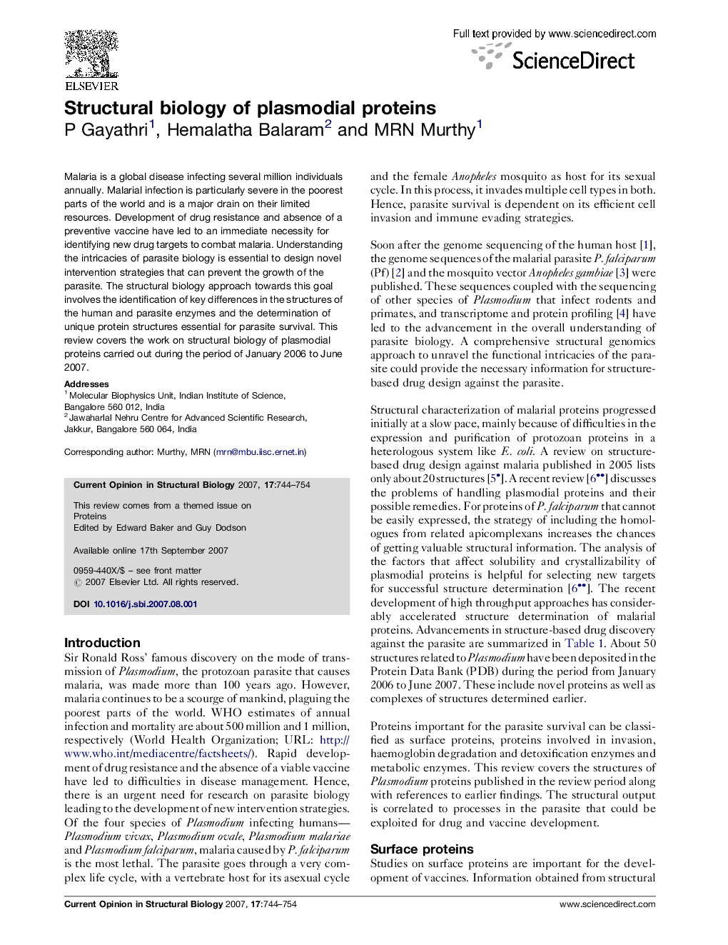 Structural biology of plasmodial proteins