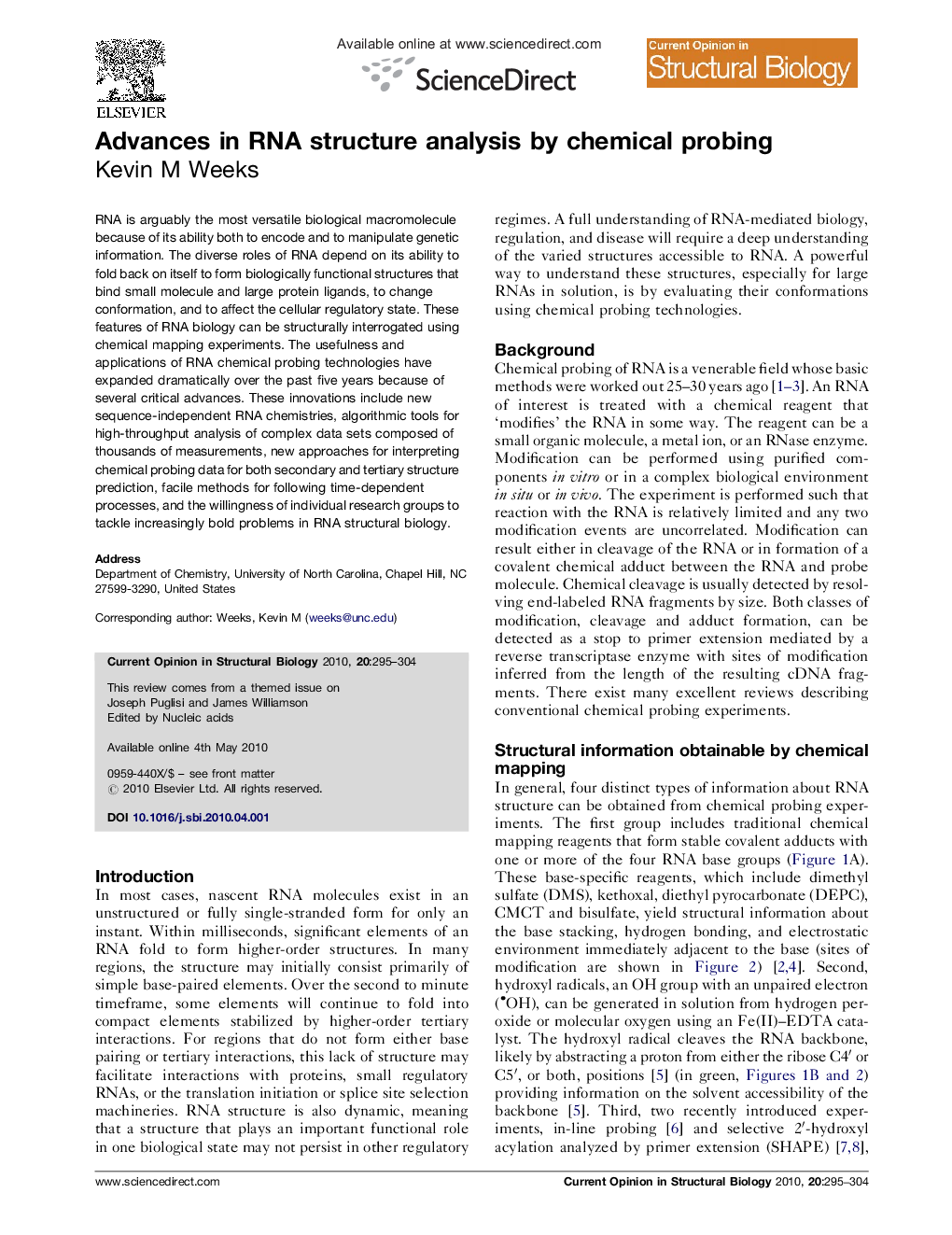 Advances in RNA structure analysis by chemical probing