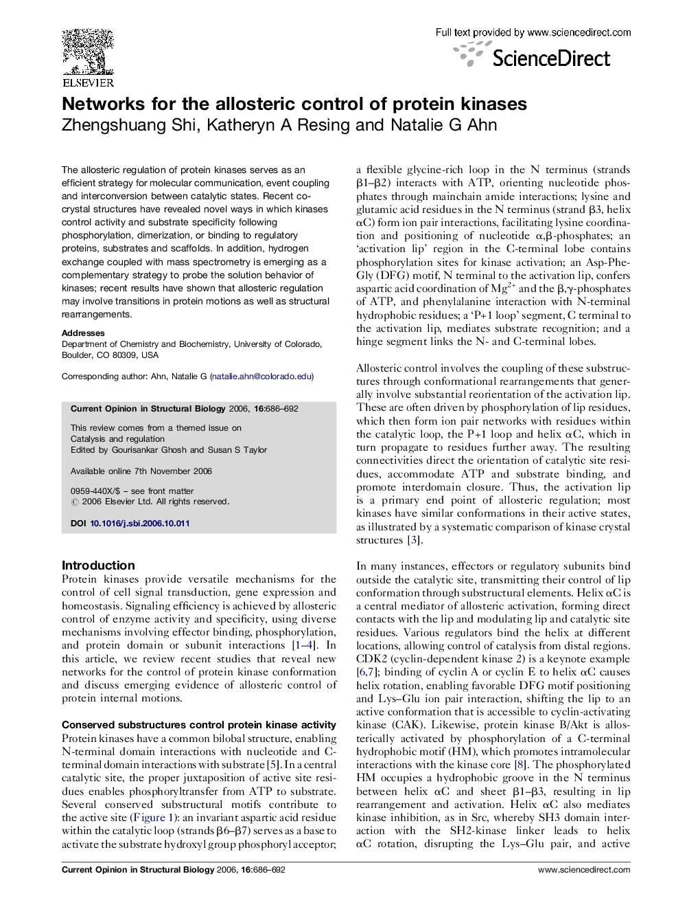 Networks for the allosteric control of protein kinases