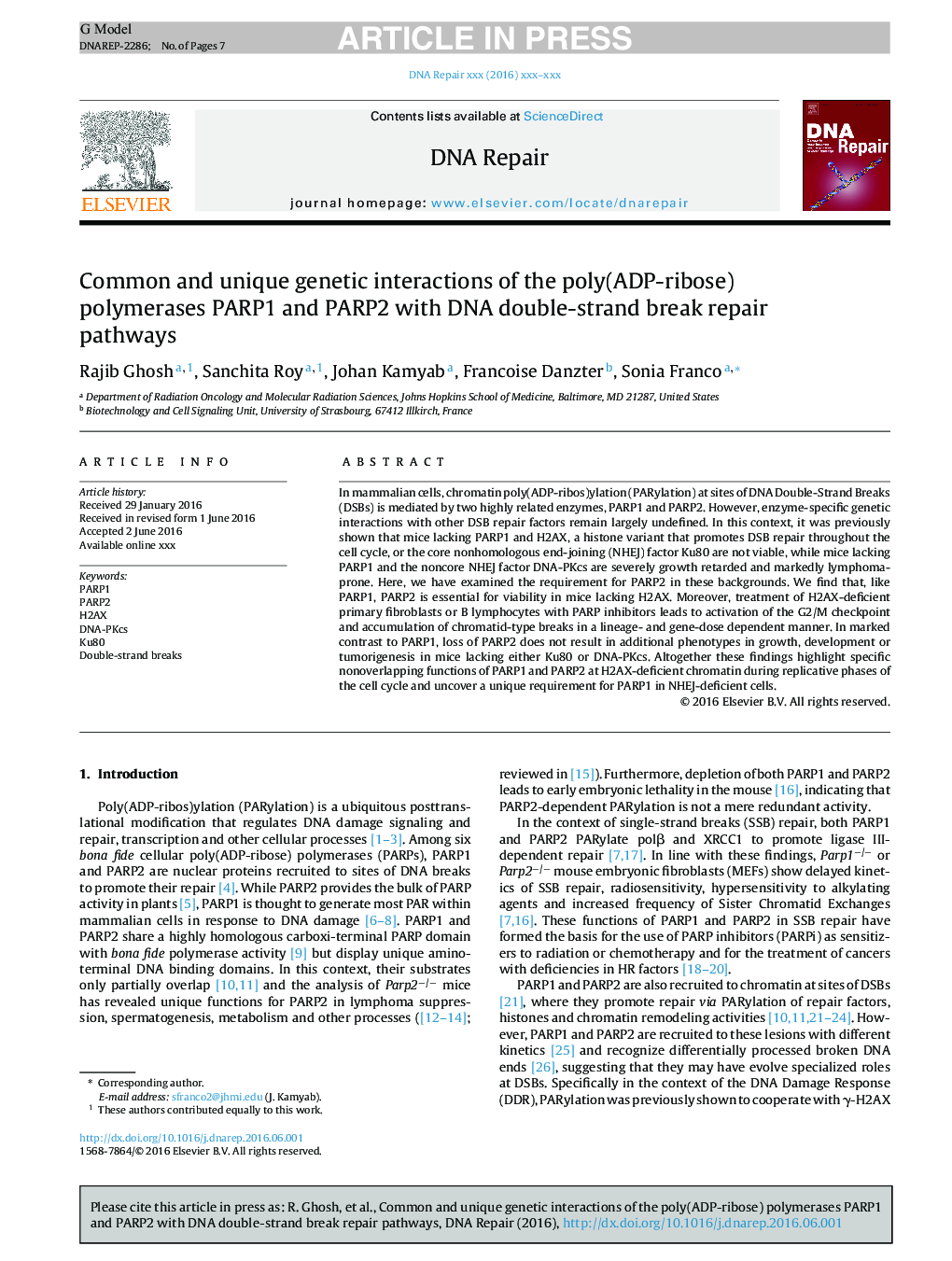 Common and unique genetic interactions of the poly(ADP-ribose) polymerases PARP1 and PARP2 with DNA double-strand break repair pathways