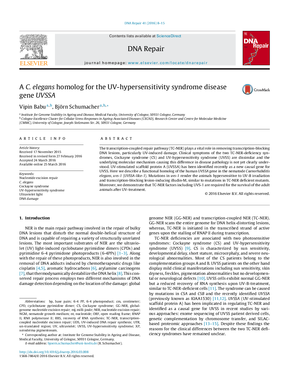 A C. elegans homolog for the UV-hypersensitivity syndrome disease gene UVSSA