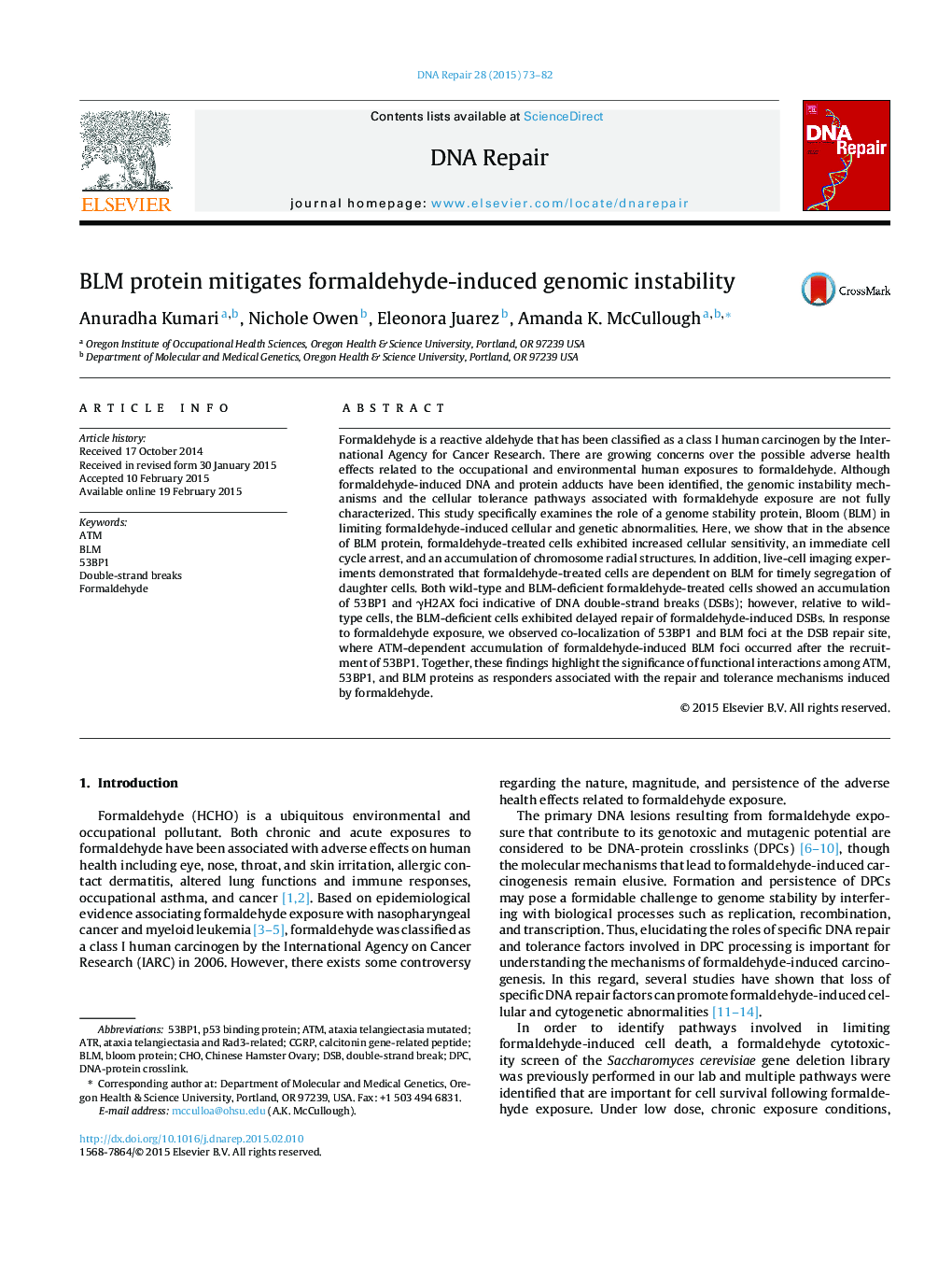 BLM protein mitigates formaldehyde-induced genomic instability