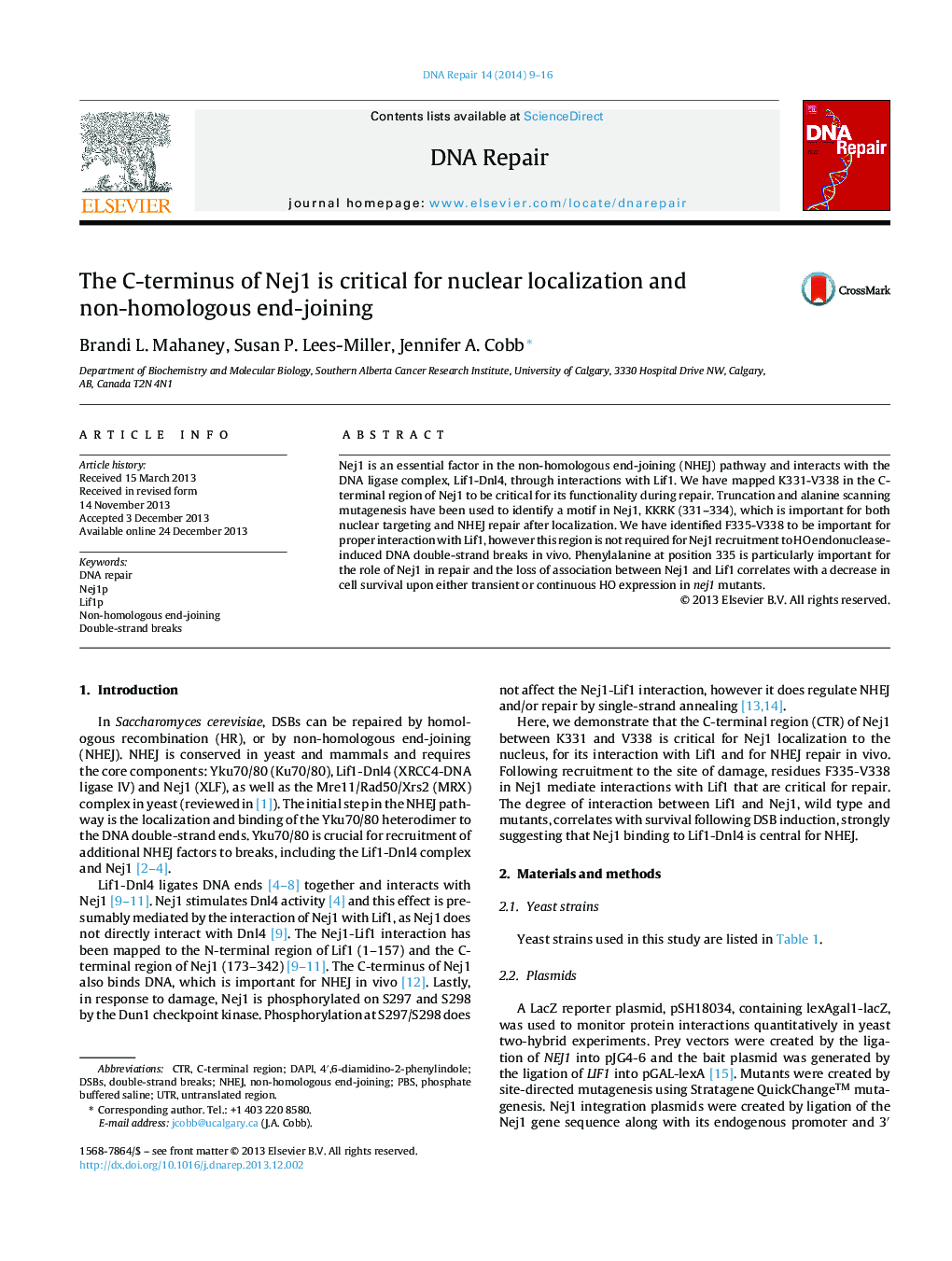 The C-terminus of Nej1 is critical for nuclear localization and non-homologous end-joining