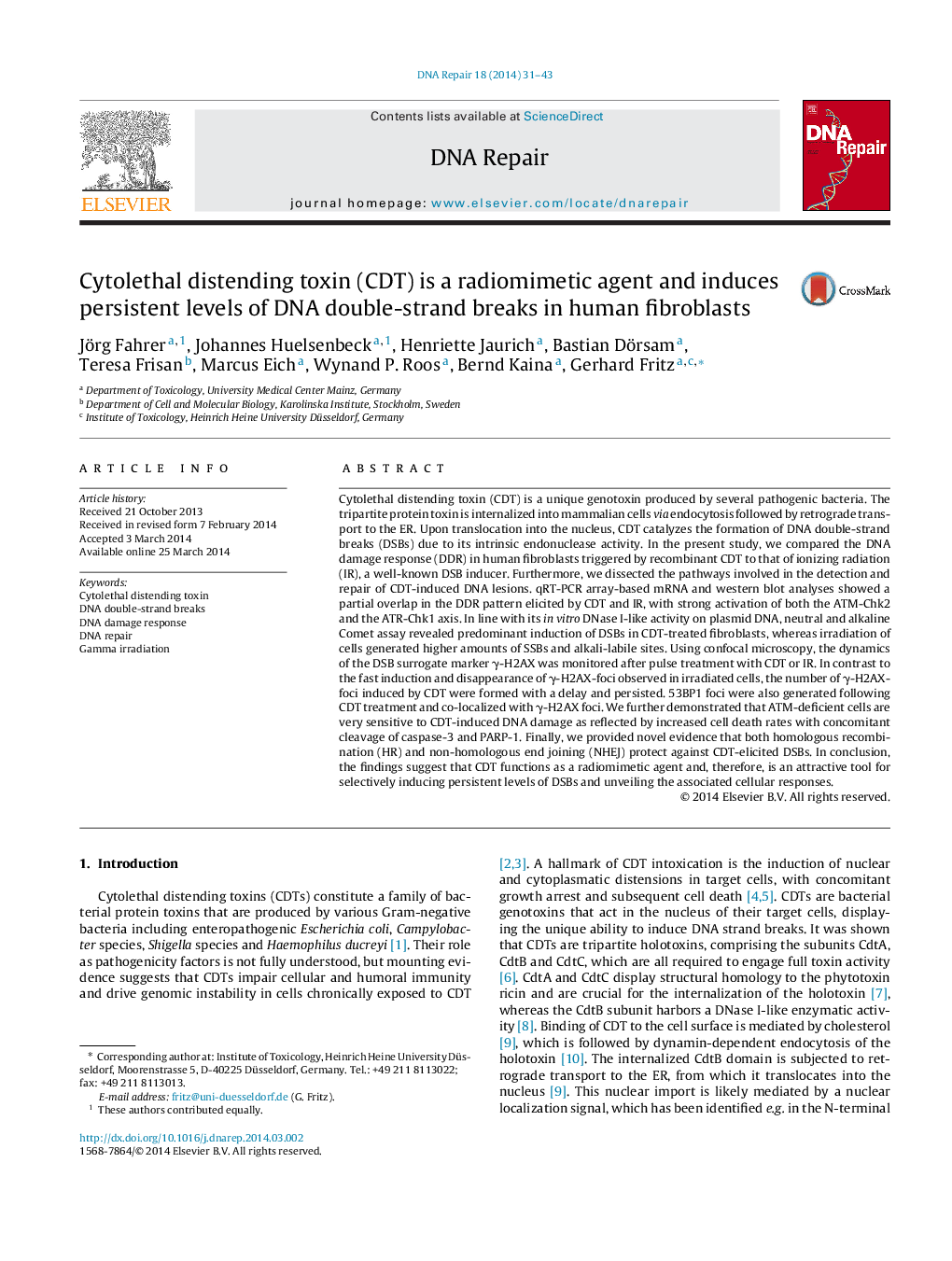 Cytolethal distending toxin (CDT) is a radiomimetic agent and induces persistent levels of DNA double-strand breaks in human fibroblasts