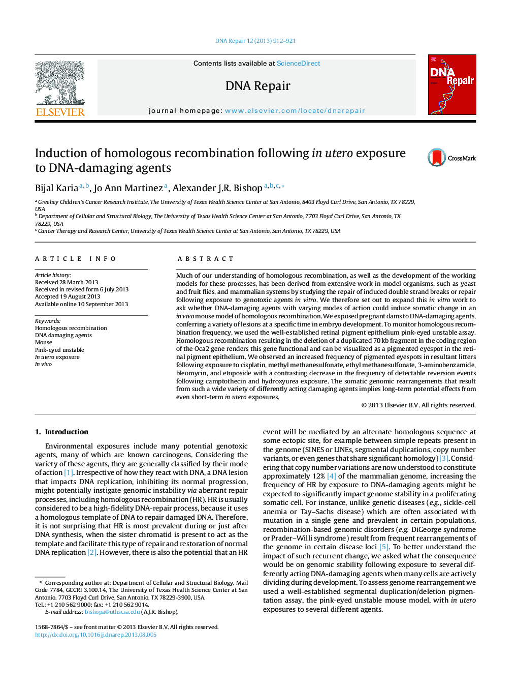 Induction of homologous recombination following in utero exposure to DNA-damaging agents