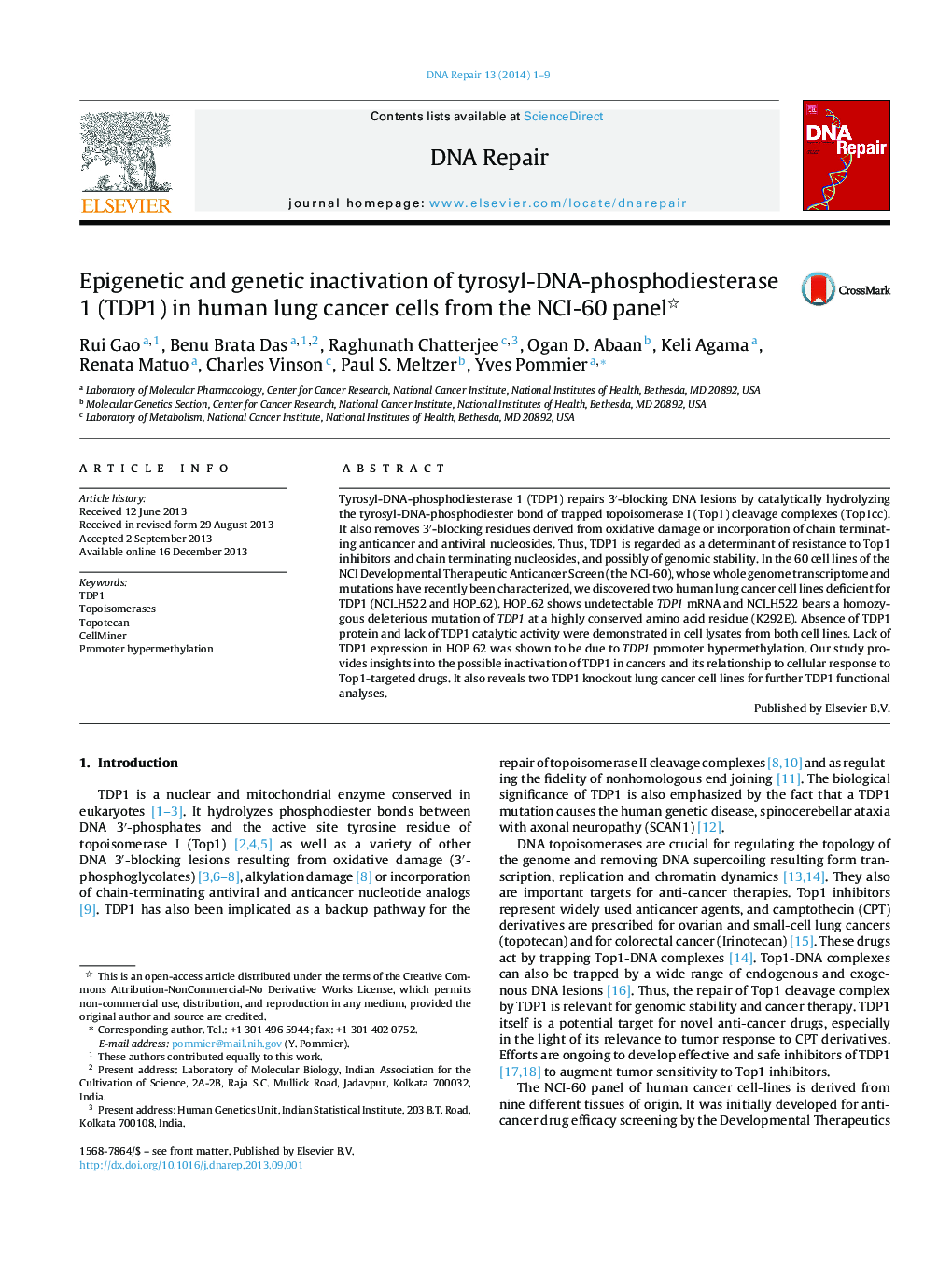 Epigenetic and genetic inactivation of tyrosyl-DNA-phosphodiesterase 1 (TDP1) in human lung cancer cells from the NCI-60 panel 