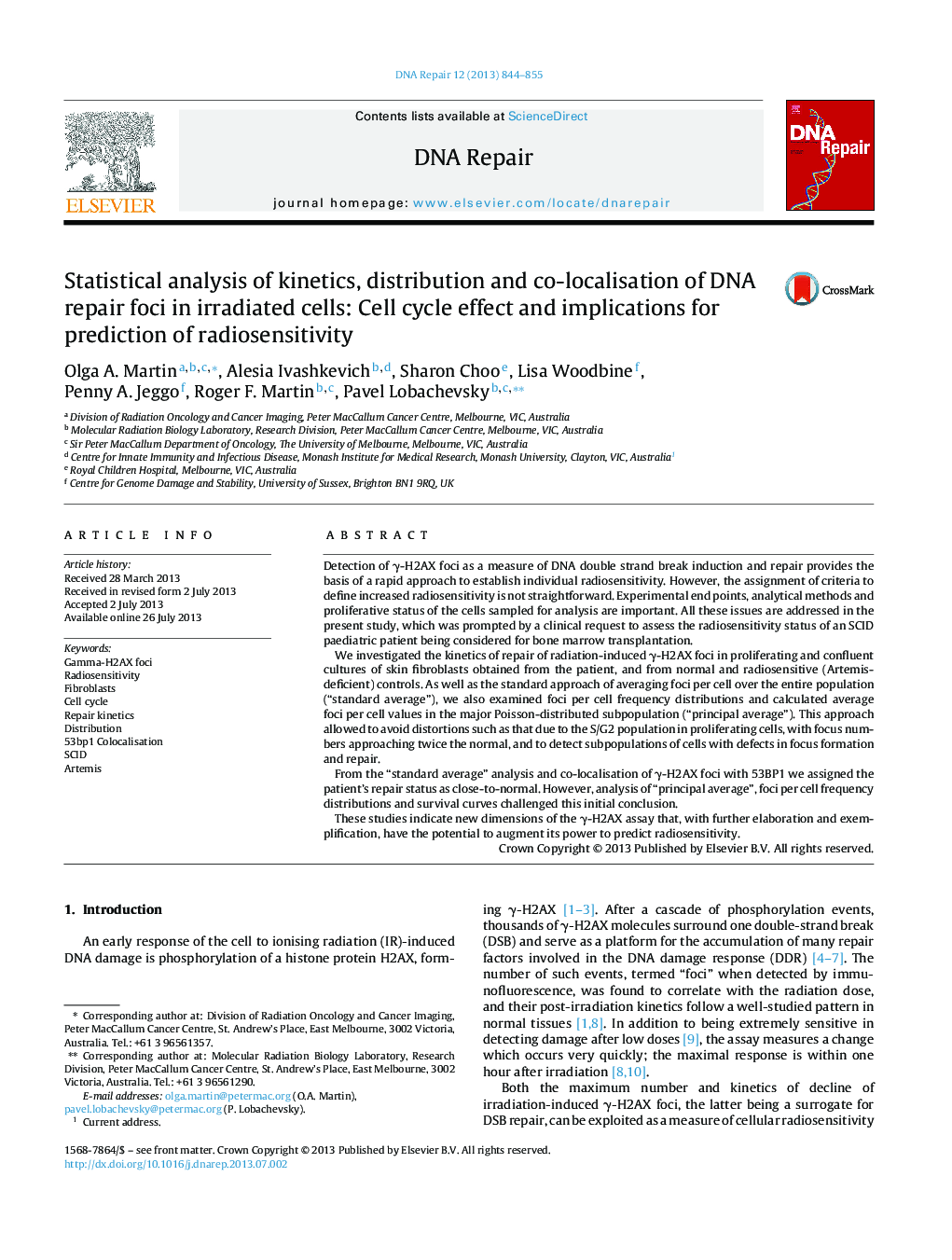 Statistical analysis of kinetics, distribution and co-localisation of DNA repair foci in irradiated cells: Cell cycle effect and implications for prediction of radiosensitivity