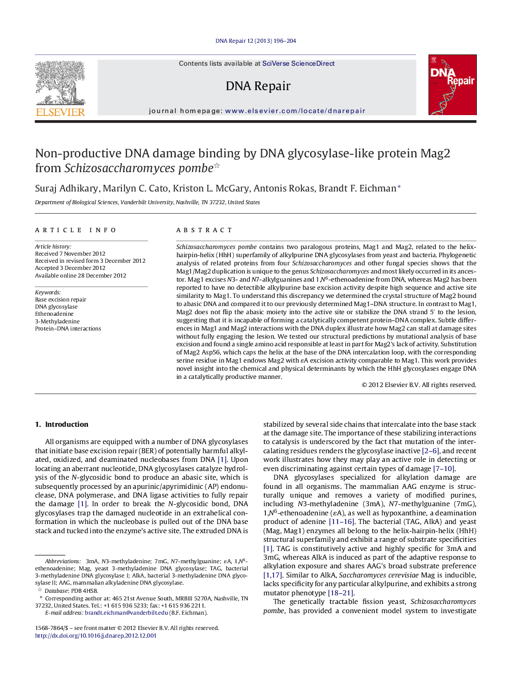 Non-productive DNA damage binding by DNA glycosylase-like protein Mag2 from Schizosaccharomyces pombe 