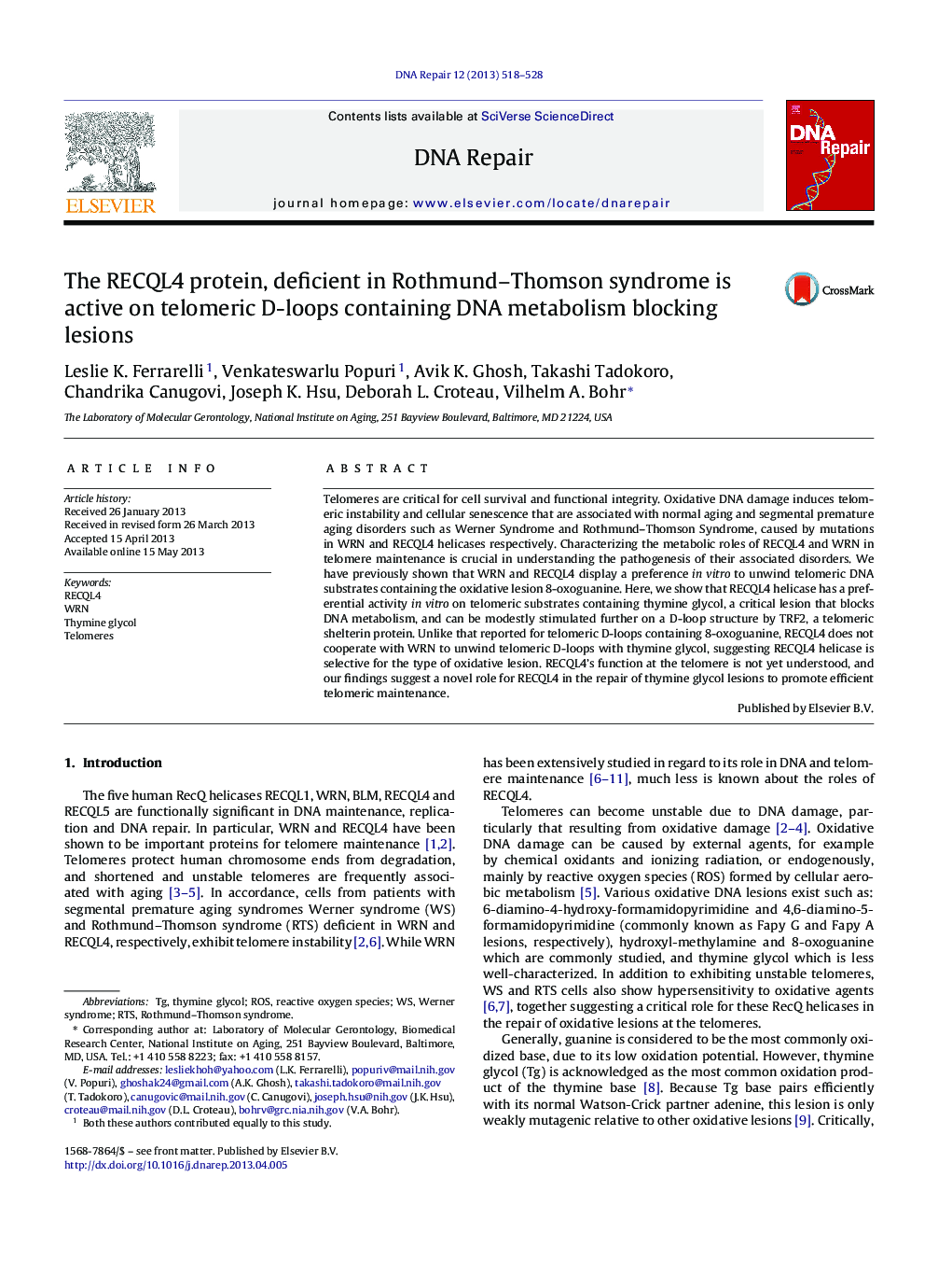 The RECQL4 protein, deficient in Rothmund–Thomson syndrome is active on telomeric D-loops containing DNA metabolism blocking lesions