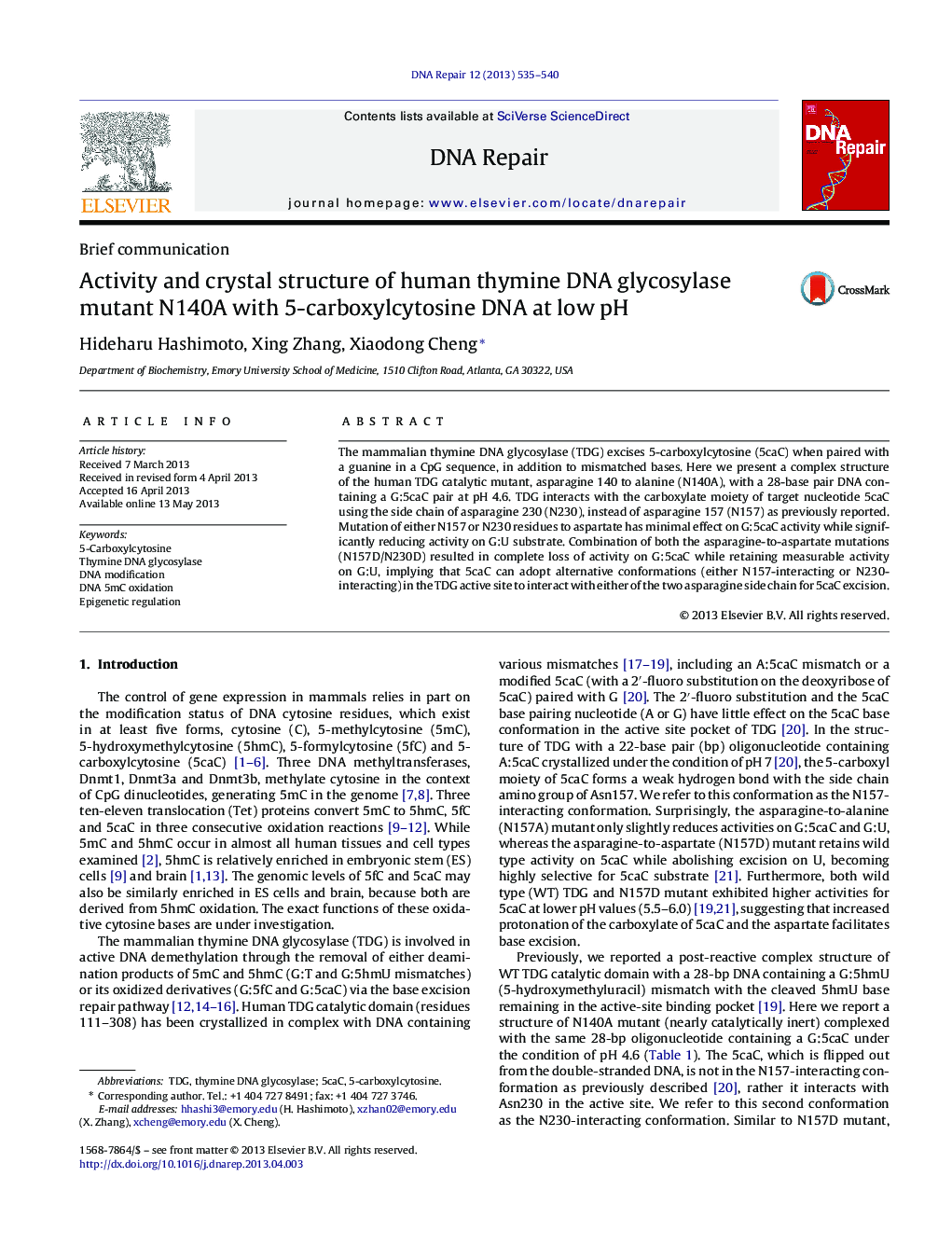 Activity and crystal structure of human thymine DNA glycosylase mutant N140A with 5-carboxylcytosine DNA at low pH