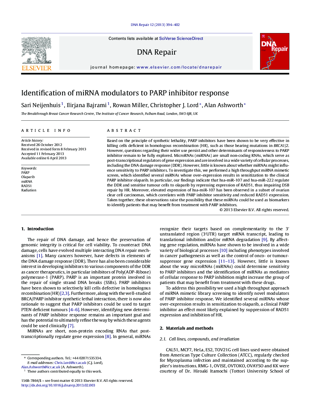 Identification of miRNA modulators to PARP inhibitor response