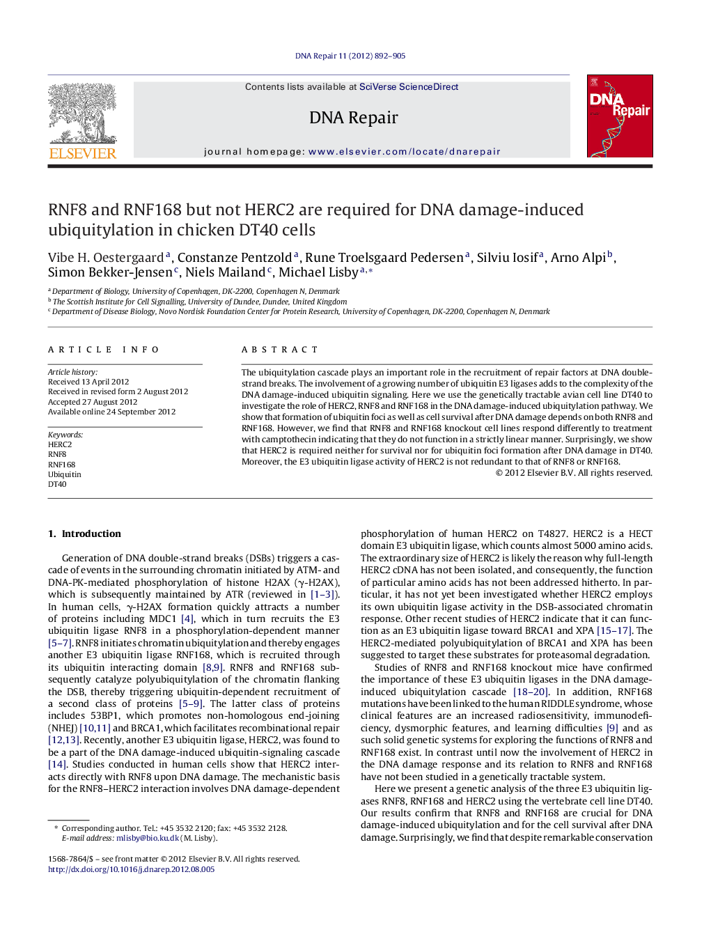 RNF8 and RNF168 but not HERC2 are required for DNA damage-induced ubiquitylation in chicken DT40 cells