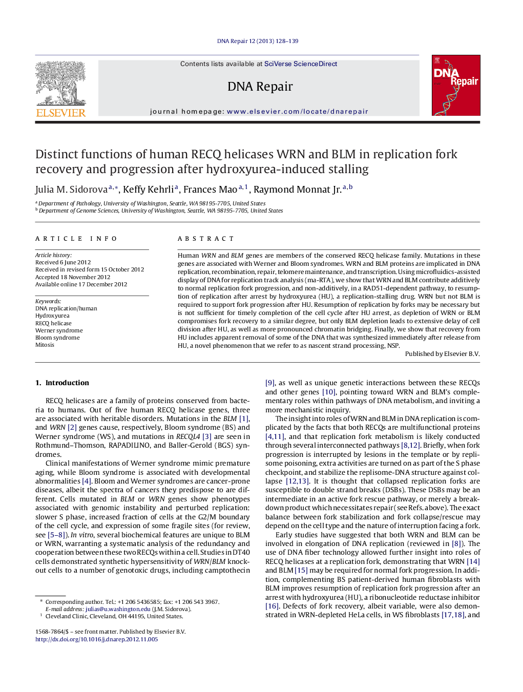 Distinct functions of human RECQ helicases WRN and BLM in replication fork recovery and progression after hydroxyurea-induced stalling