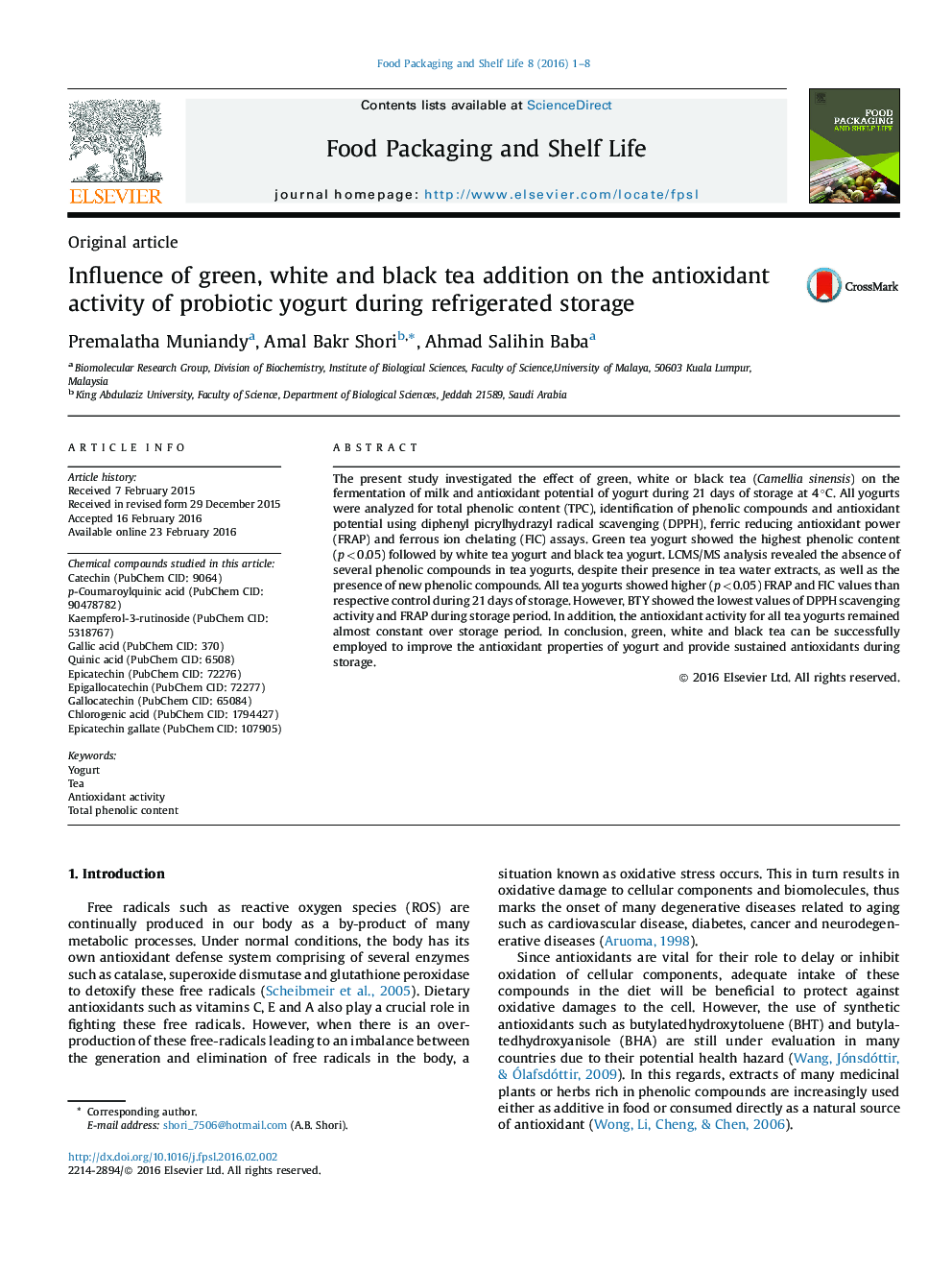 Influence of green, white and black tea addition on the antioxidant activity of probiotic yogurt during refrigerated storage