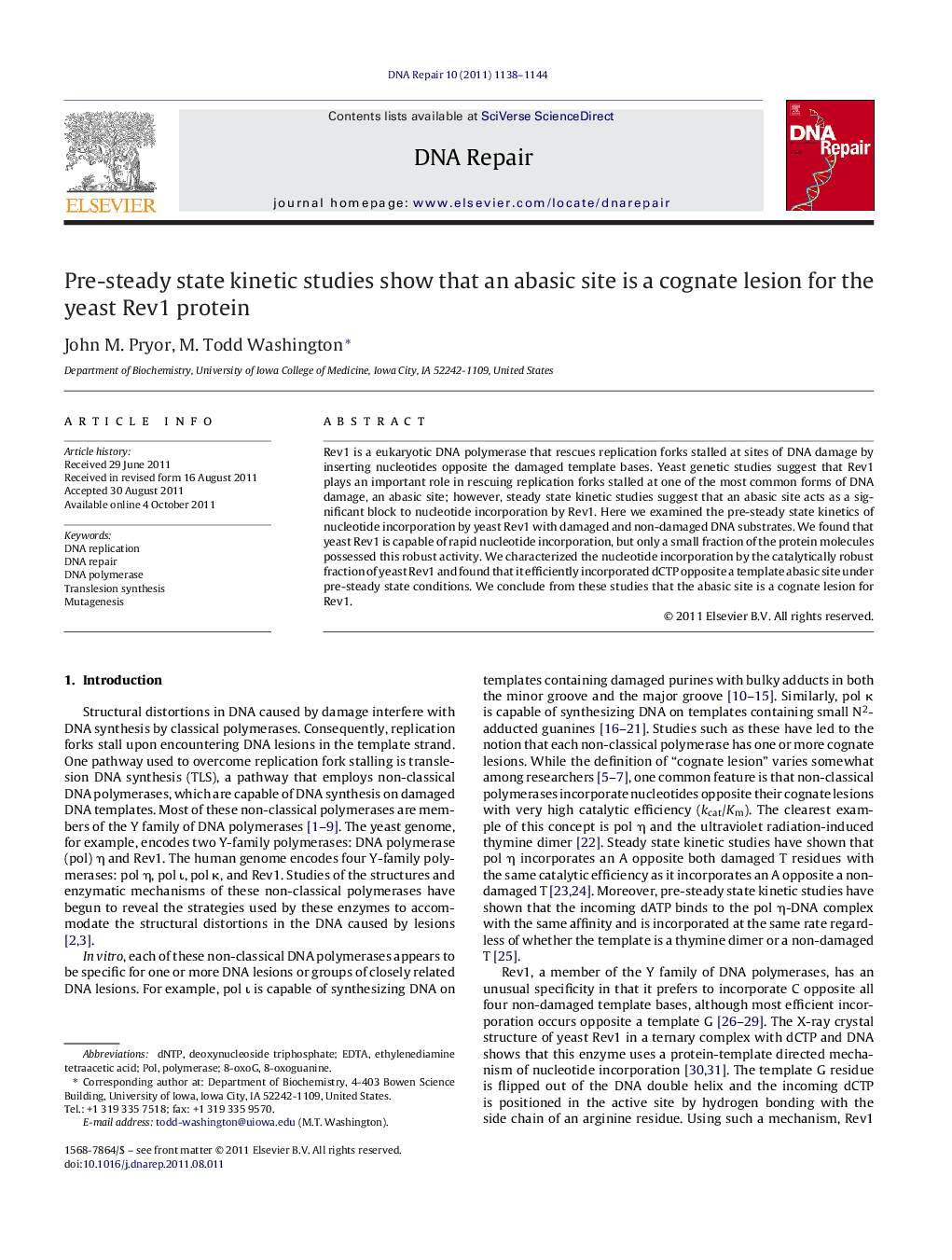 Pre-steady state kinetic studies show that an abasic site is a cognate lesion for the yeast Rev1 protein