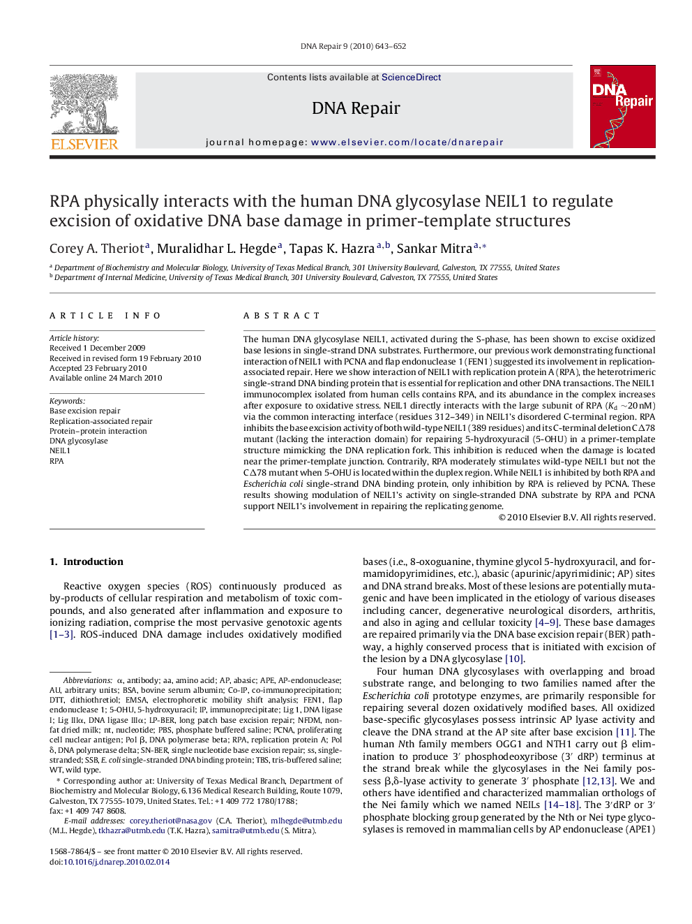 RPA physically interacts with the human DNA glycosylase NEIL1 to regulate excision of oxidative DNA base damage in primer-template structures