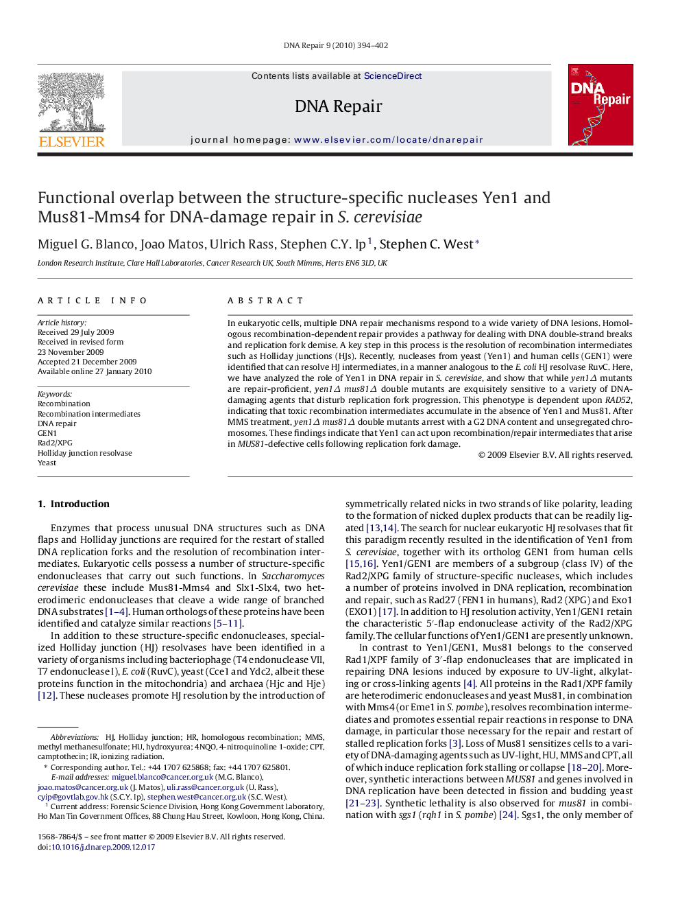 Functional overlap between the structure-specific nucleases Yen1 and Mus81-Mms4 for DNA-damage repair in S. cerevisiae