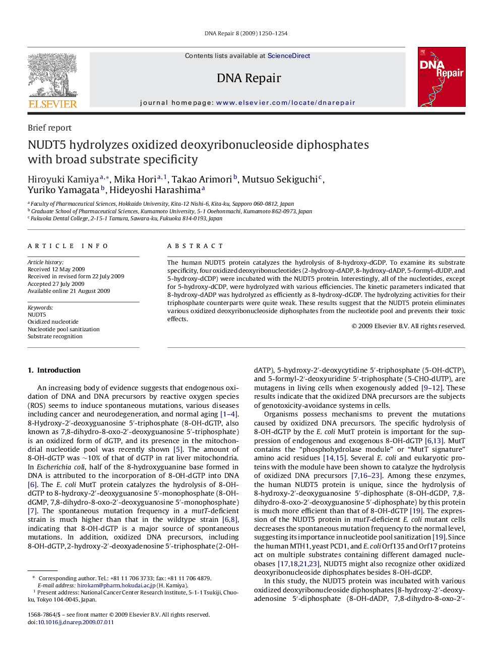 NUDT5 hydrolyzes oxidized deoxyribonucleoside diphosphates with broad substrate specificity