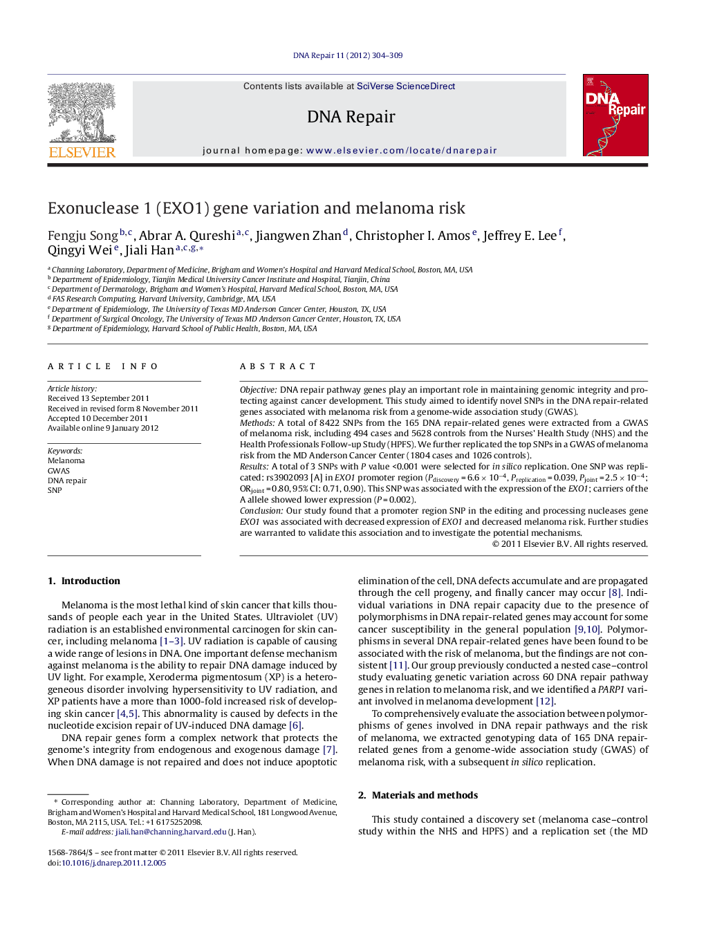 Exonuclease 1 (EXO1) gene variation and melanoma risk