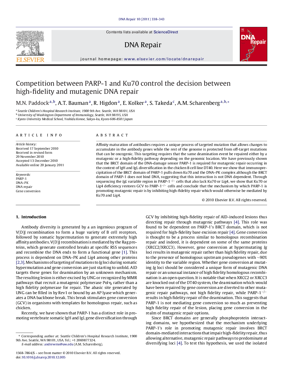 Competition between PARP-1 and Ku70 control the decision between high-fidelity and mutagenic DNA repair