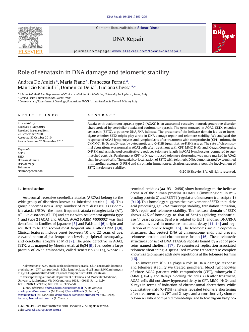 Role of senataxin in DNA damage and telomeric stability