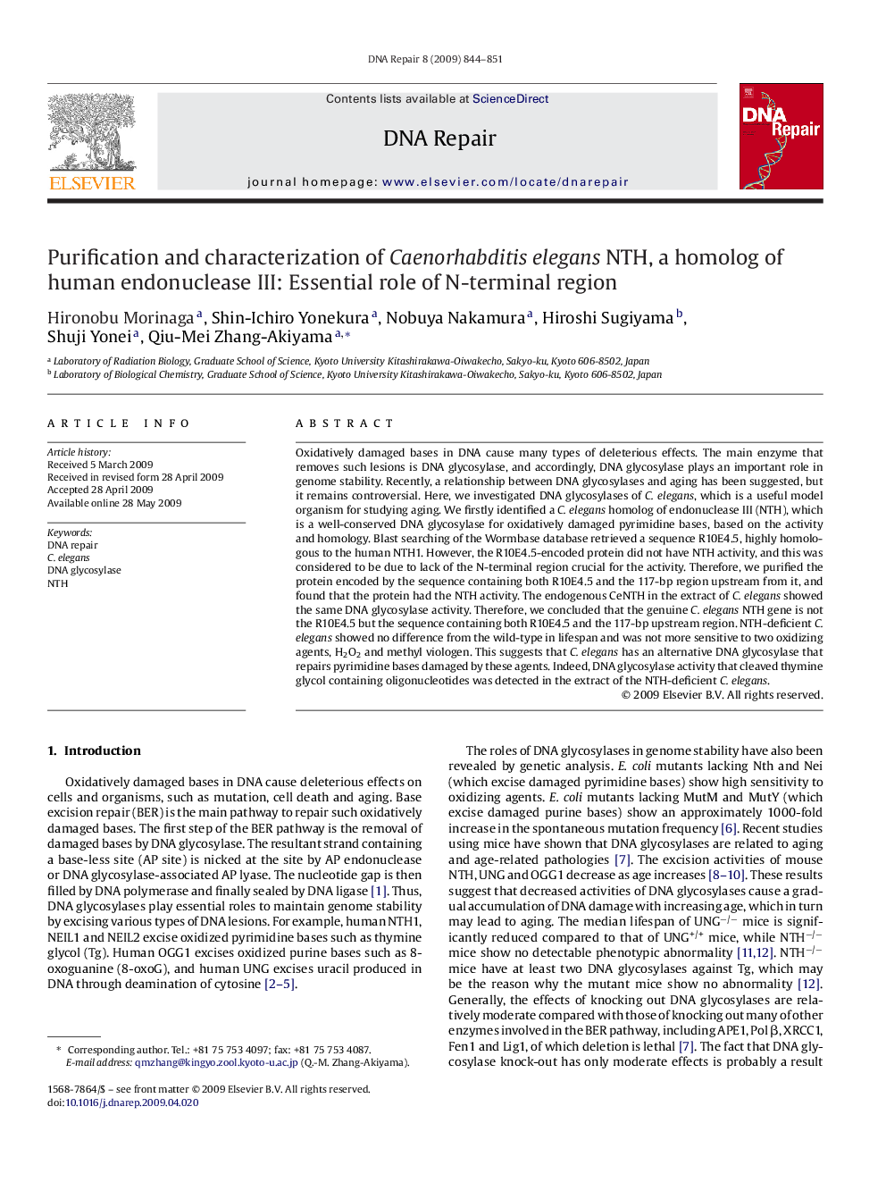 Purification and characterization of Caenorhabditis elegans NTH, a homolog of human endonuclease III: Essential role of N-terminal region