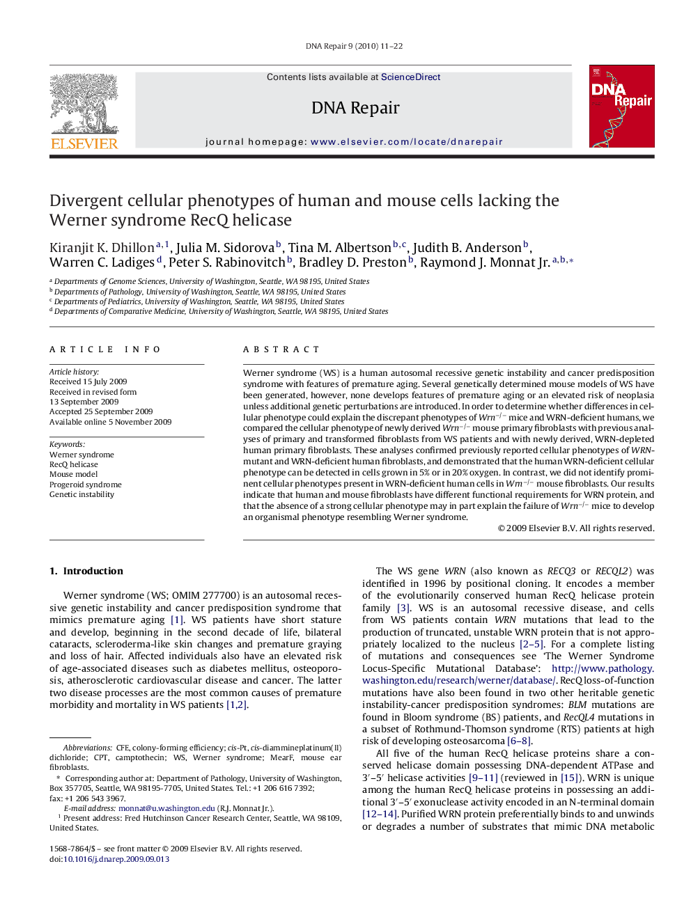 Divergent cellular phenotypes of human and mouse cells lacking the Werner syndrome RecQ helicase