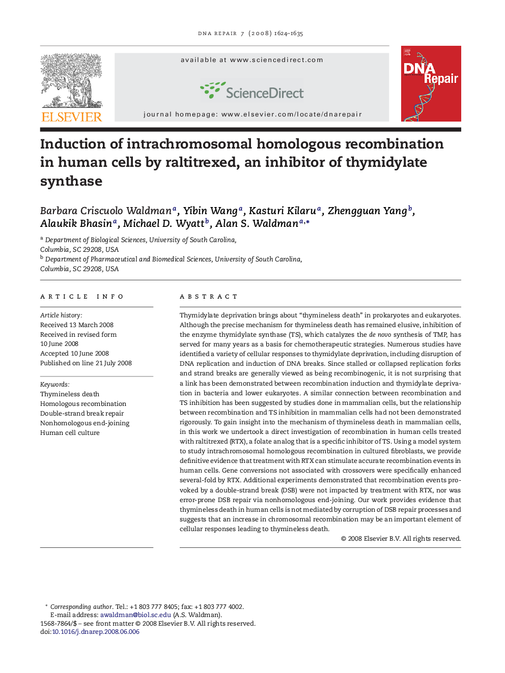 Induction of intrachromosomal homologous recombination in human cells by raltitrexed, an inhibitor of thymidylate synthase